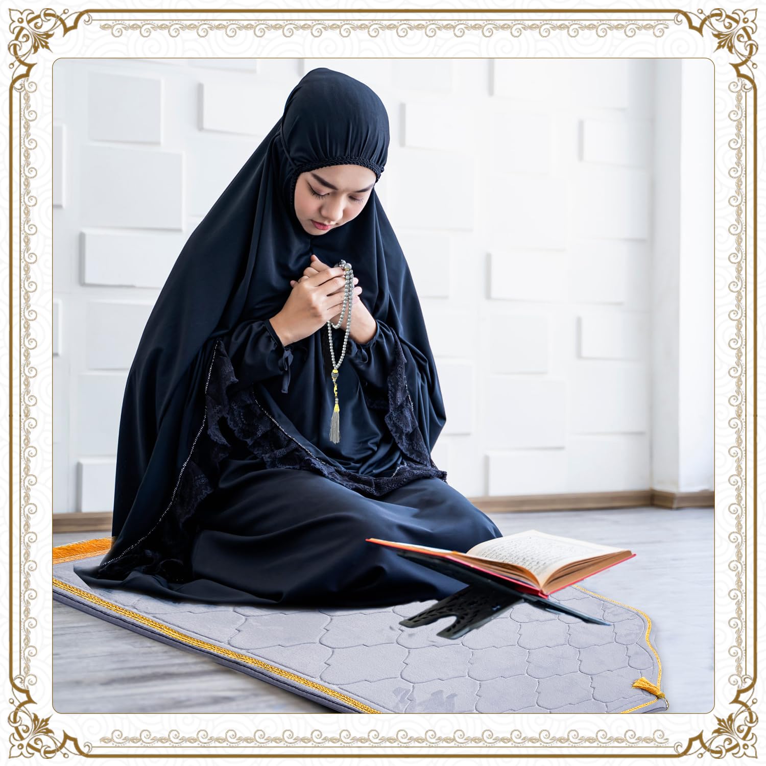YumSur Prayer Mat Muslim Prayer Rugs with Prayer Beads Soft Flannel Islamic Prayer Mat Turkish Praying Carpet Large Size Area Rugs Ottoman Blankets Ramadan Gift for Men Women(Grey) - Image 2