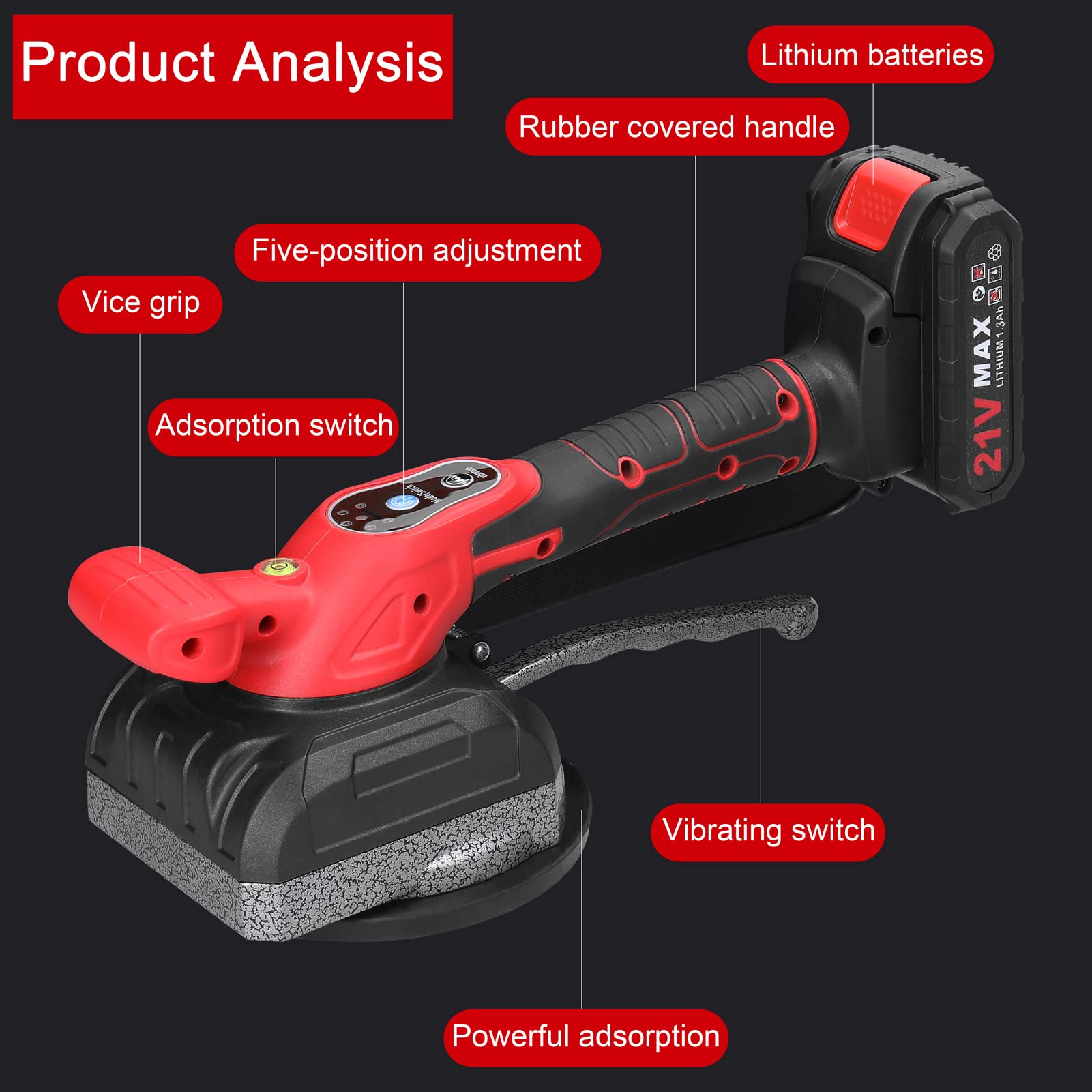 HUIOP Machine de carrelage 21V Capacité de Charge élevée Carreaux de Sol muraux Pose d'outils vibrants Décoration de la Maison Outils Utilitaires avec Ventouse agrandie
