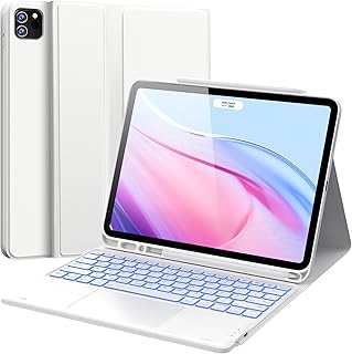 CHESONA Touch iPad Pro 12.9 Case with Keyboard, 7 Color Backlit, 2 Bluetooth Channels, Type-C Rechargeable, Detachable Keyboard with trackpad for 12.9-inch iPad Pro 6th/5th/4th/3rd Generation, White