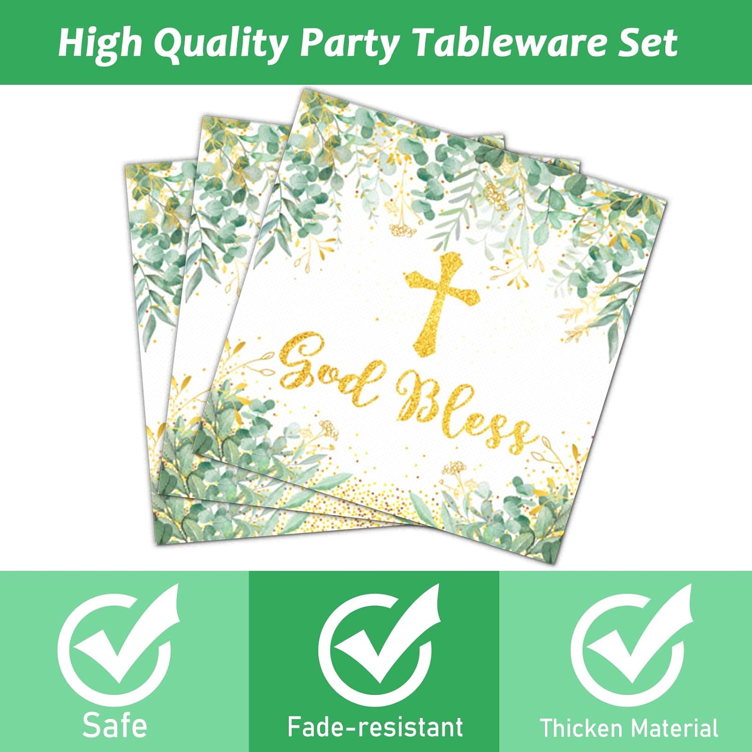 96 Pieces God Bless Party Plates Baptism Theme Party Decorations First Holy Communion Paper Plates and Napkins Mi Bautizo Eucalyptus Leaves Sage Disposable Dessert Tableware Set Supplies 24 Guests