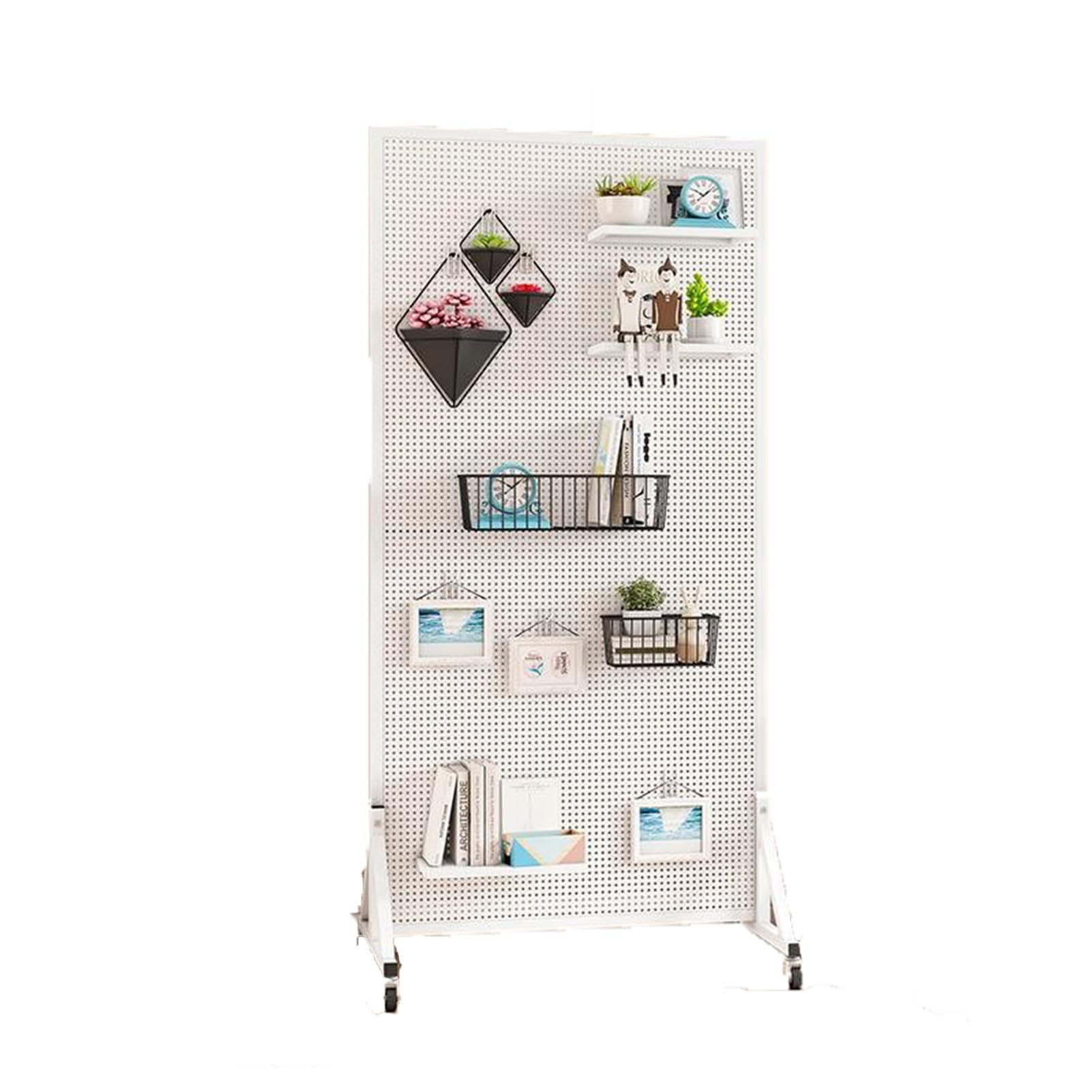 Rollbarer Lochwand-Präsentationsständer Mit Rollen, Freistehender Metall-Organizer-Turm Mit 20 Haken, Mobiler Werkzeug-Organizer for Dekoration Und Aufbewahrung(White,80 * 40 * 120cm)