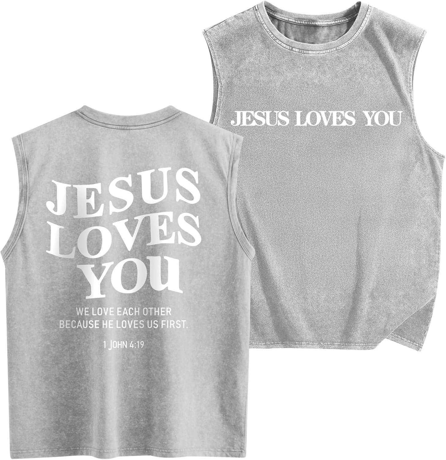 Jesus Loves You Mens Graphic Tank Tops Christian Sleeveless Cut Off Muscle Shirts Gym Workout Tank Acid Wash Tshirt