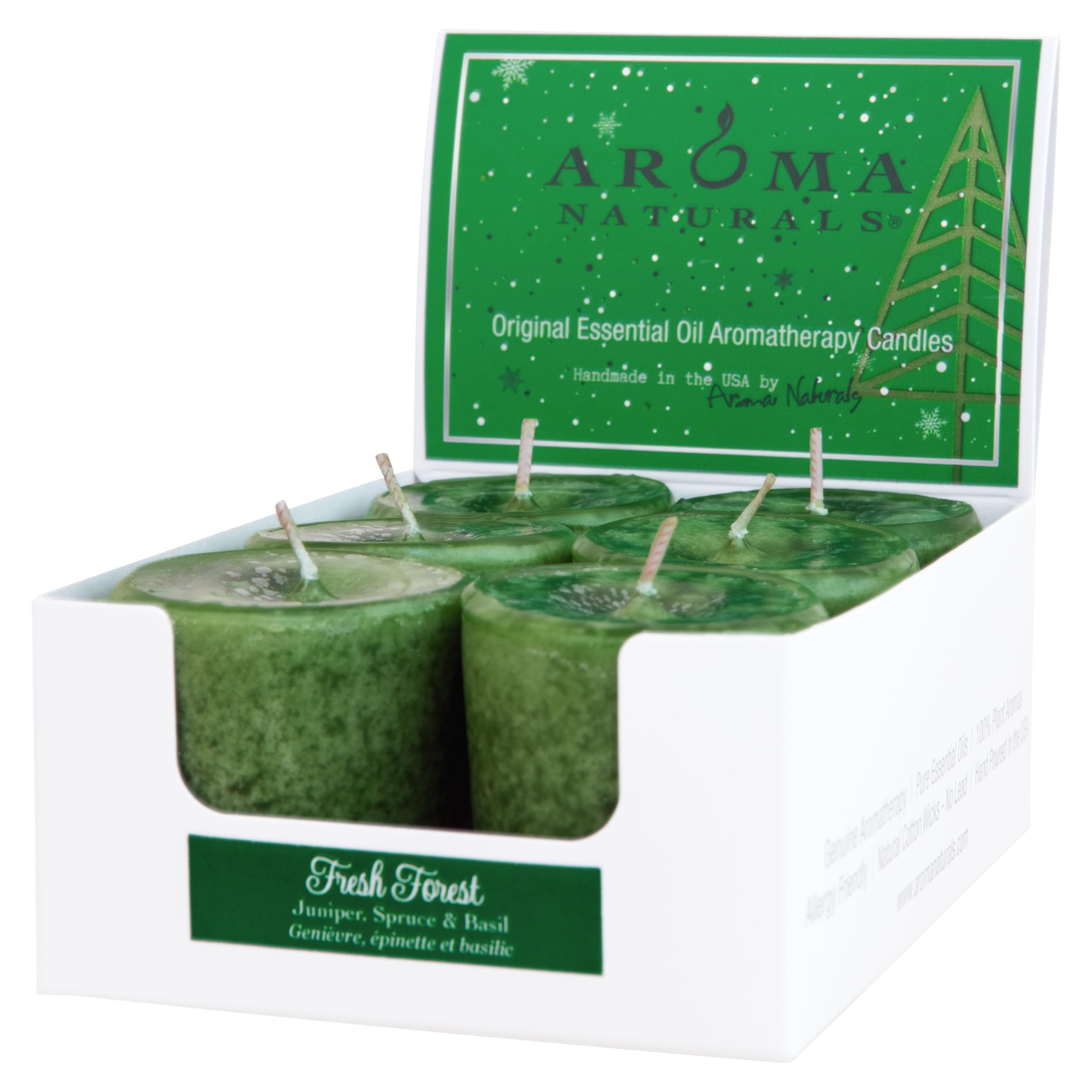 Aroma Naturals Votive Candles Essential Oil with Juniper Spruce and Basil, Evergreen Holiday, 6 Count