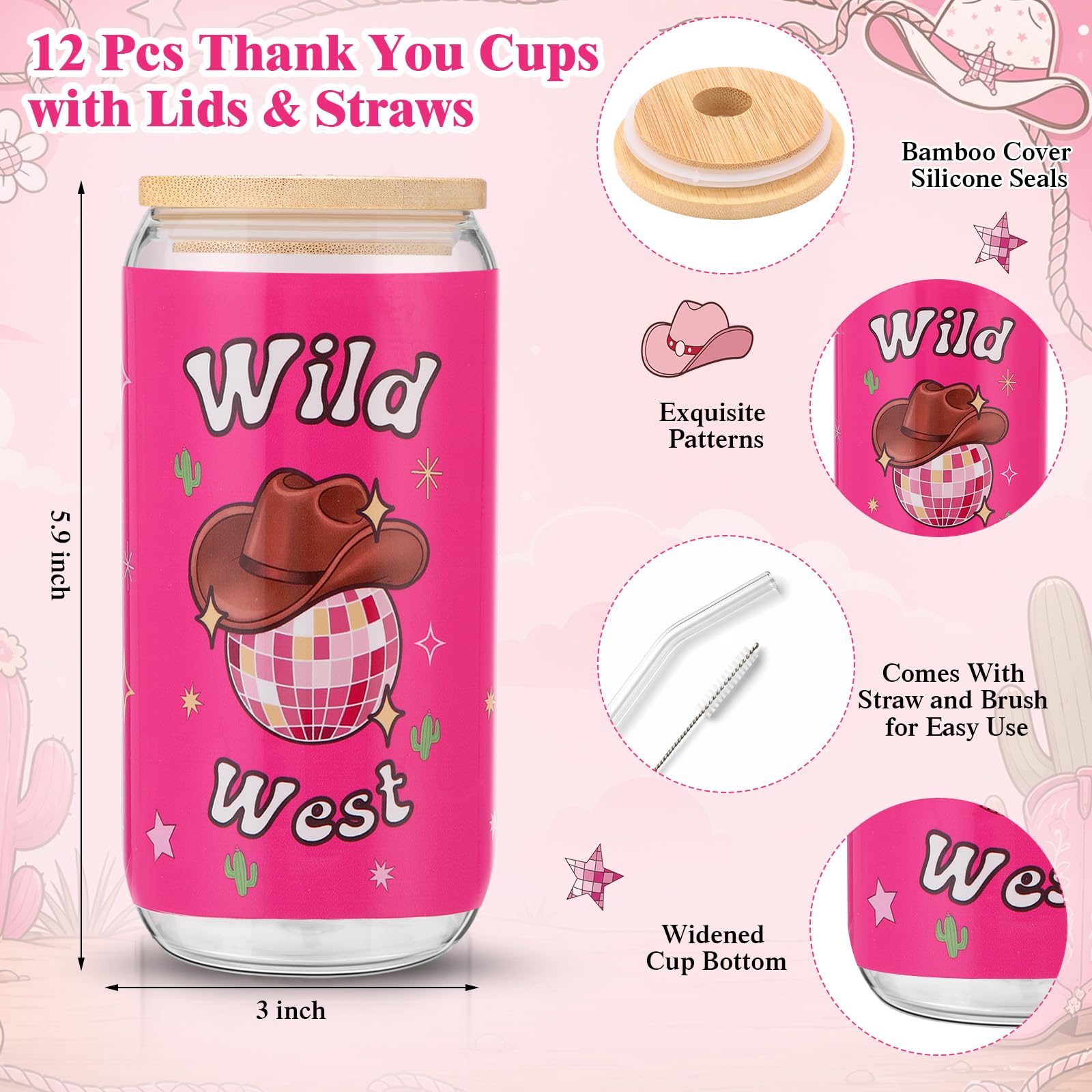 Skylety Set da 36 bicchieri di vetro con coperchio, cannucce a spirale, quaderni a spirale, ideali come regalo per ringraziamenti per essere fantastici, 12 pezzi (cowboy rosa)