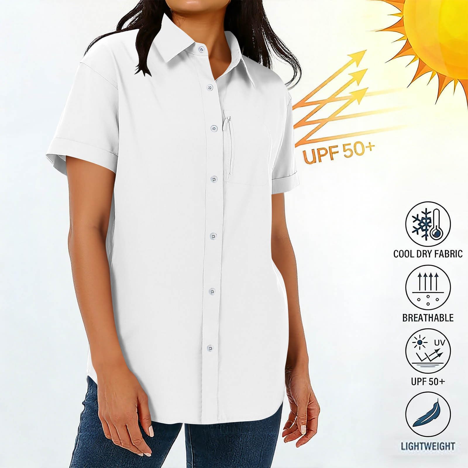 Damen UPF 50+ Shirt Kurzarm Sommer Shirts Outdoor Sport Wanderbluse Schnelltrockner Wandern Hemden Revers Knopfleiste Hemdbluse Einfarbig Lässig Sportshirt Atmungsaktive Blusentop