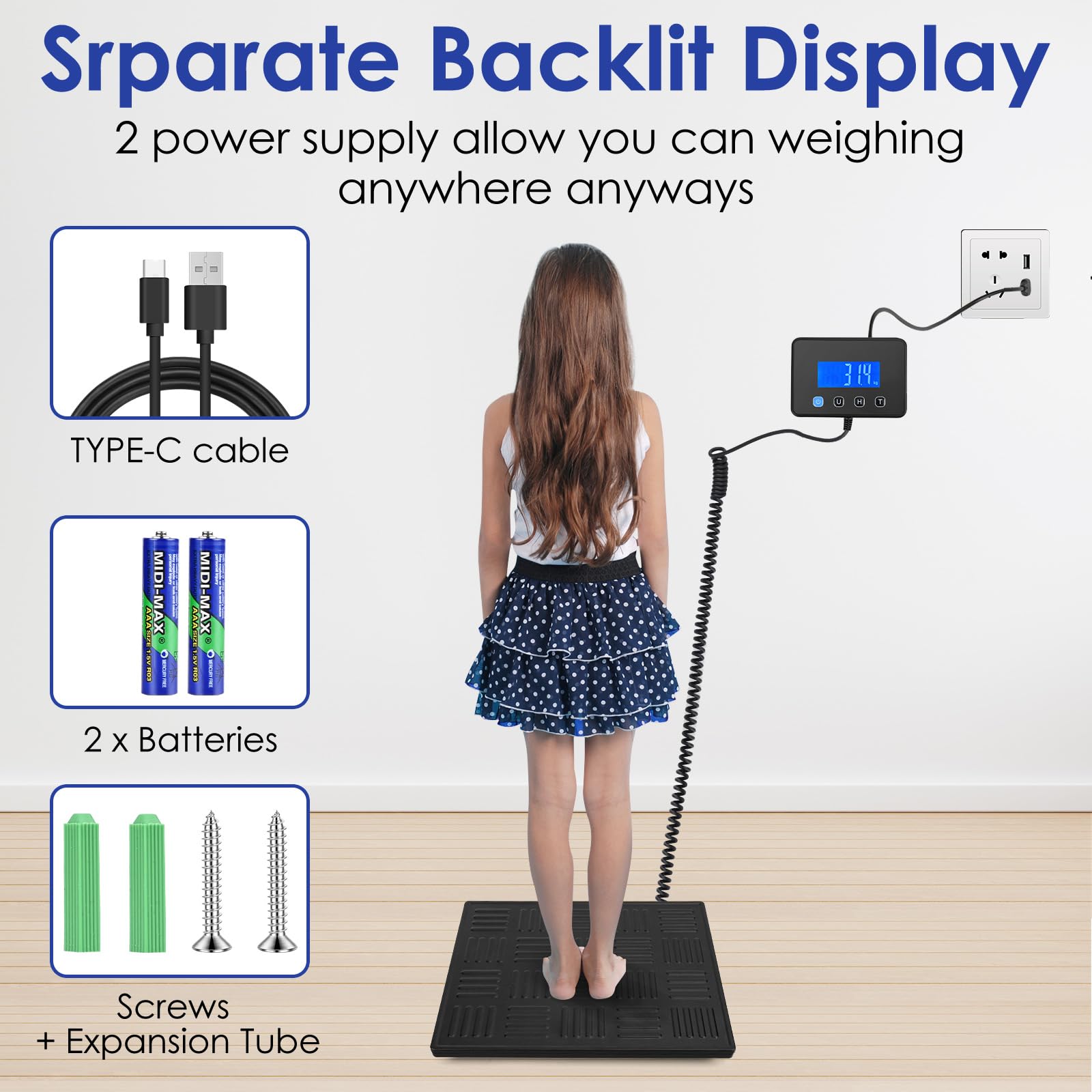 Báscula Digital, 50g-300kg Balanza Postal, Balanza de Envíos con Función de Retención y Tara para Paquetes Equipaje de Almacén, Plataforma de Aleación Duradera, Pantalla LCD Externa