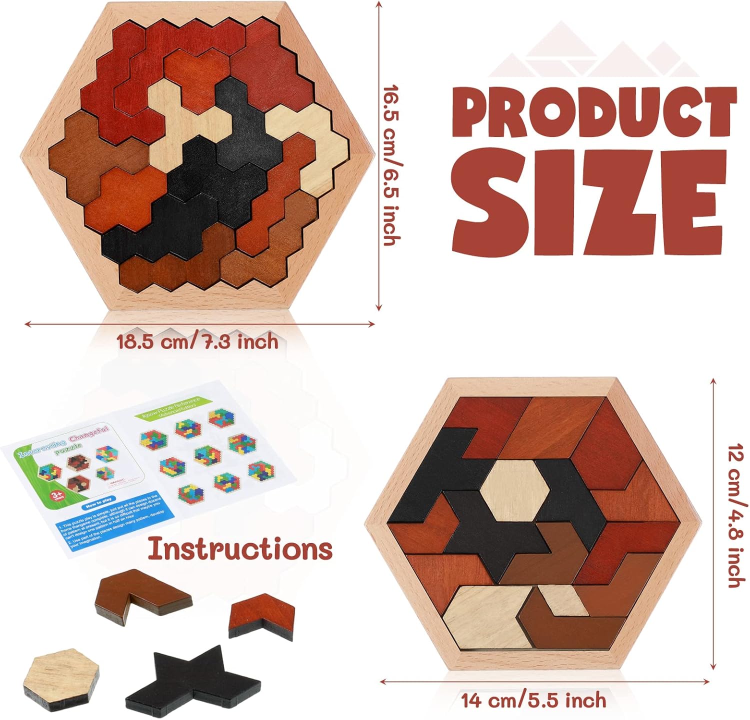 Yunsailing 3 Pack Large Hexagon Tangram Puzzle Wooden Brain Puzzles for Adult Challenge Wood Russian Blocks Brain Teasers Geometric Jigsaw Block Logic Iq Stem Family Graduation Gifts(Vintage)