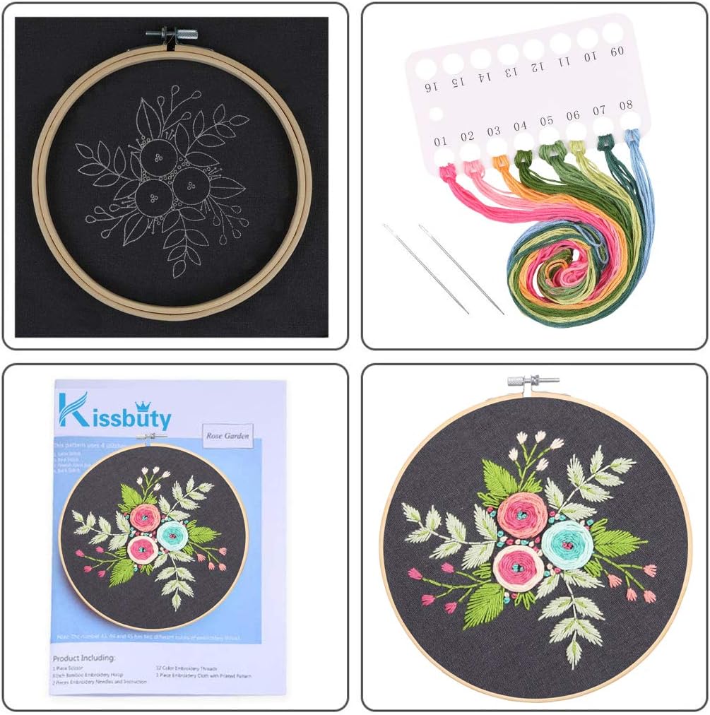 Exclusive Discount 70% Price Full Range of Embroidery Starter Kit with Pattern, Kissbuty Cross Stitch Kit Including Embroidery Fabric with Floral Pattern, Bamboo Embroidery Hoop, Color Threads Tools Kit (Colored Roses)