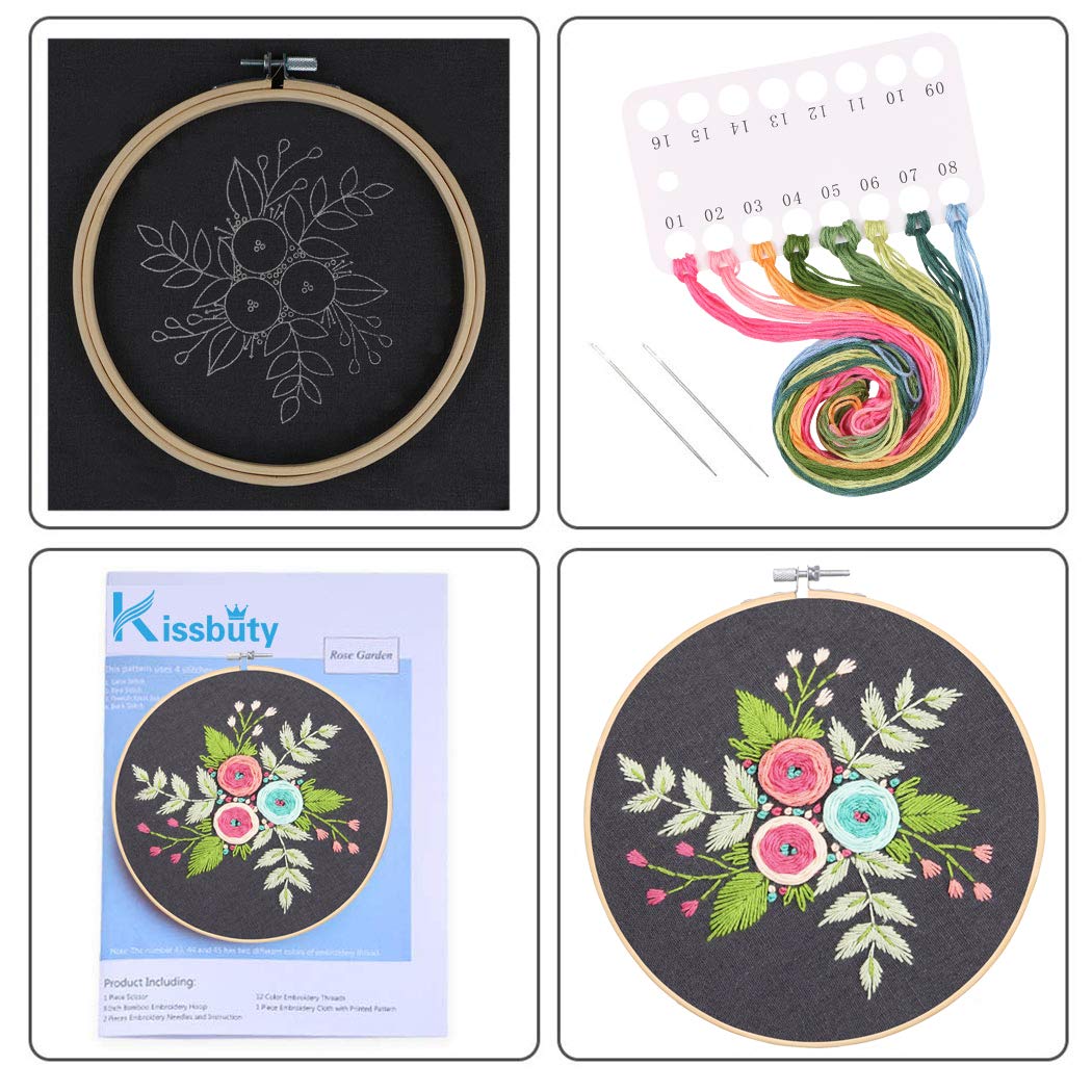 KISSBUTY Full Range of Embroidery Starter Kit with Pattern, Cross Stitch Kit Including Embroidery Fabric with Floral Pattern, Bamboo Embroidery Hoop, Color Threads Tools Kit (Colored Roses)