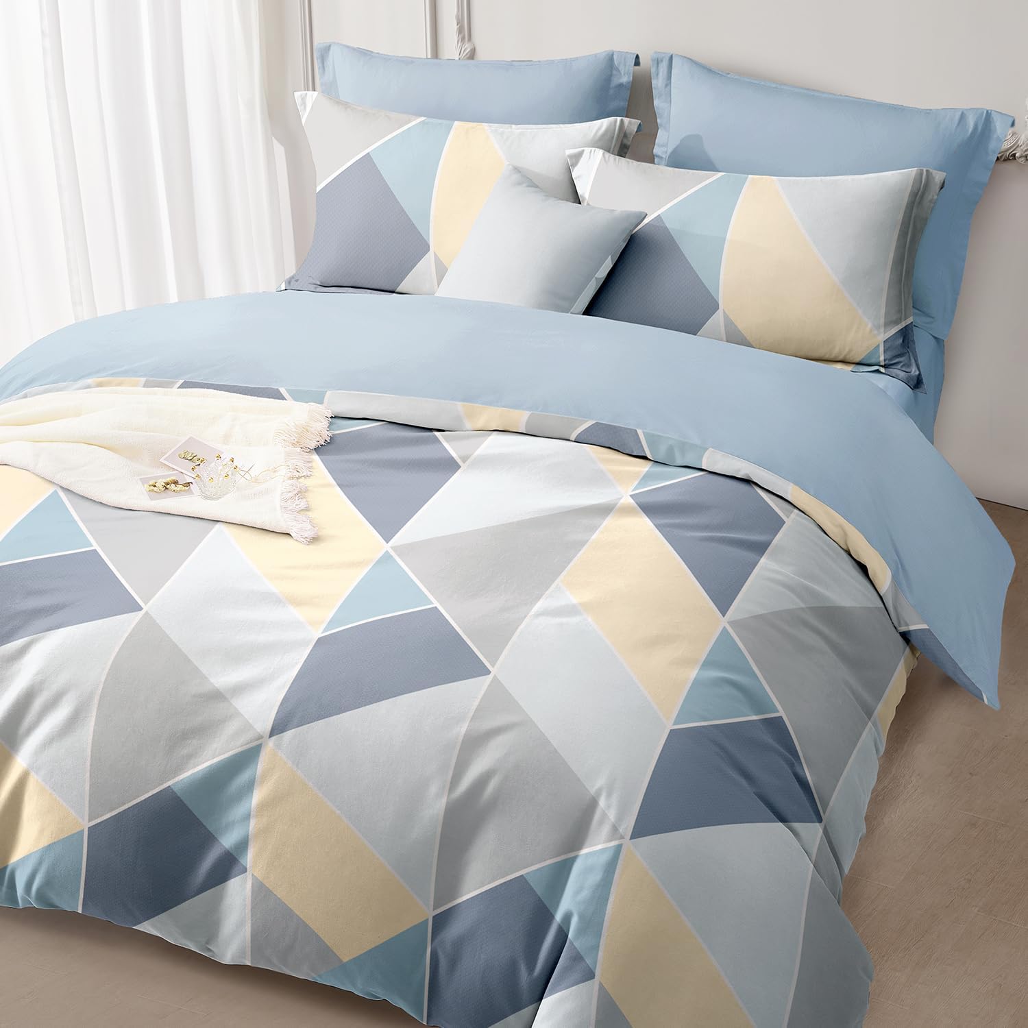 SAPHREAS Blue Gray Geometric Duvet Cover Set Full Size 3pcs Cotton Soft Puzzle Pattern Bedding Comforter Cover 1 Duvet Cover 80"x90" and 2 Pillow Shams 20"x26"