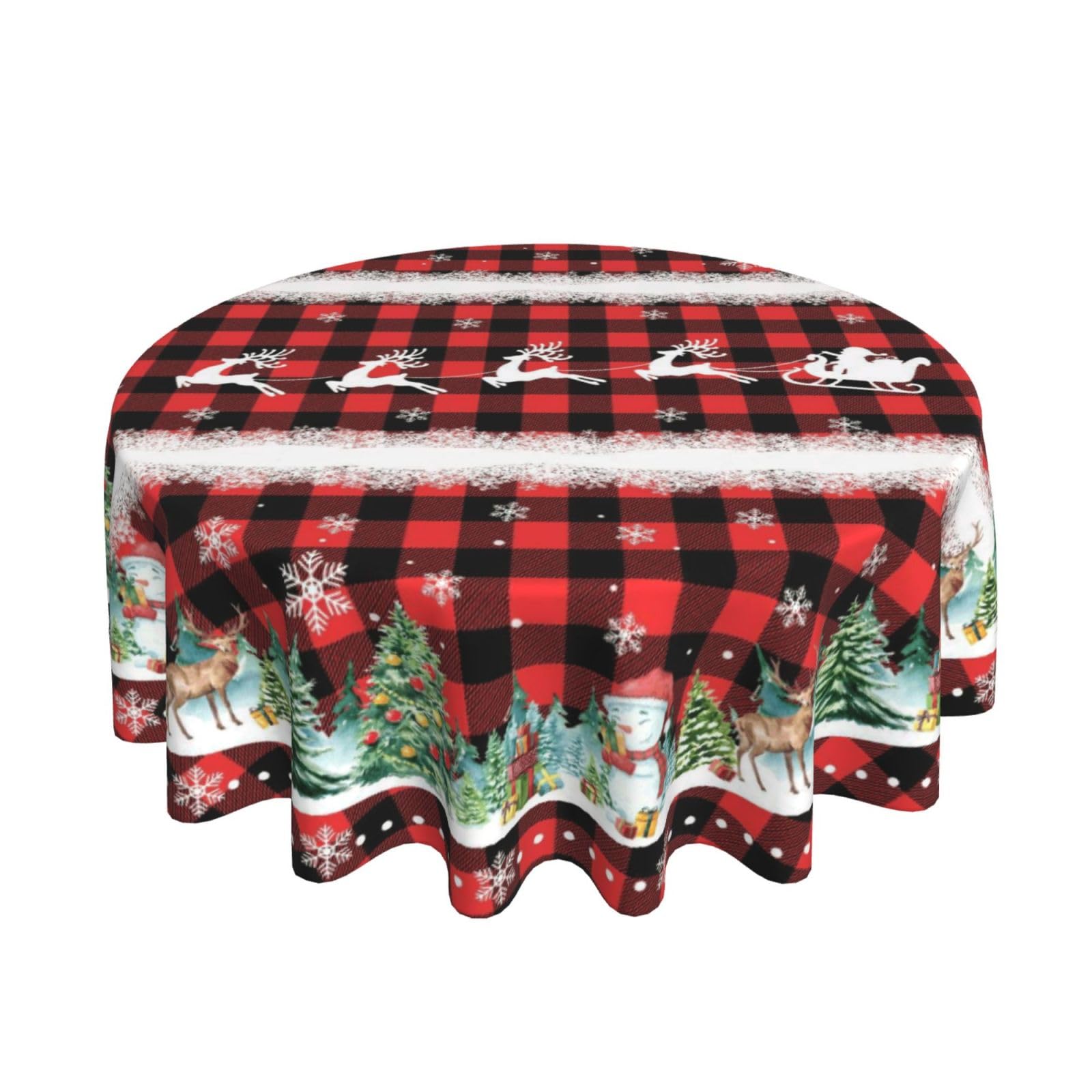 BYONEESS Round Christmas Tablecloth 60 inches Red Buffalo Plaid Table Cloth Merry Christmas Winter Snowflake Xmas Table Covers for Holiday Party Dining Kitchen Home Picnic Patio — image 1