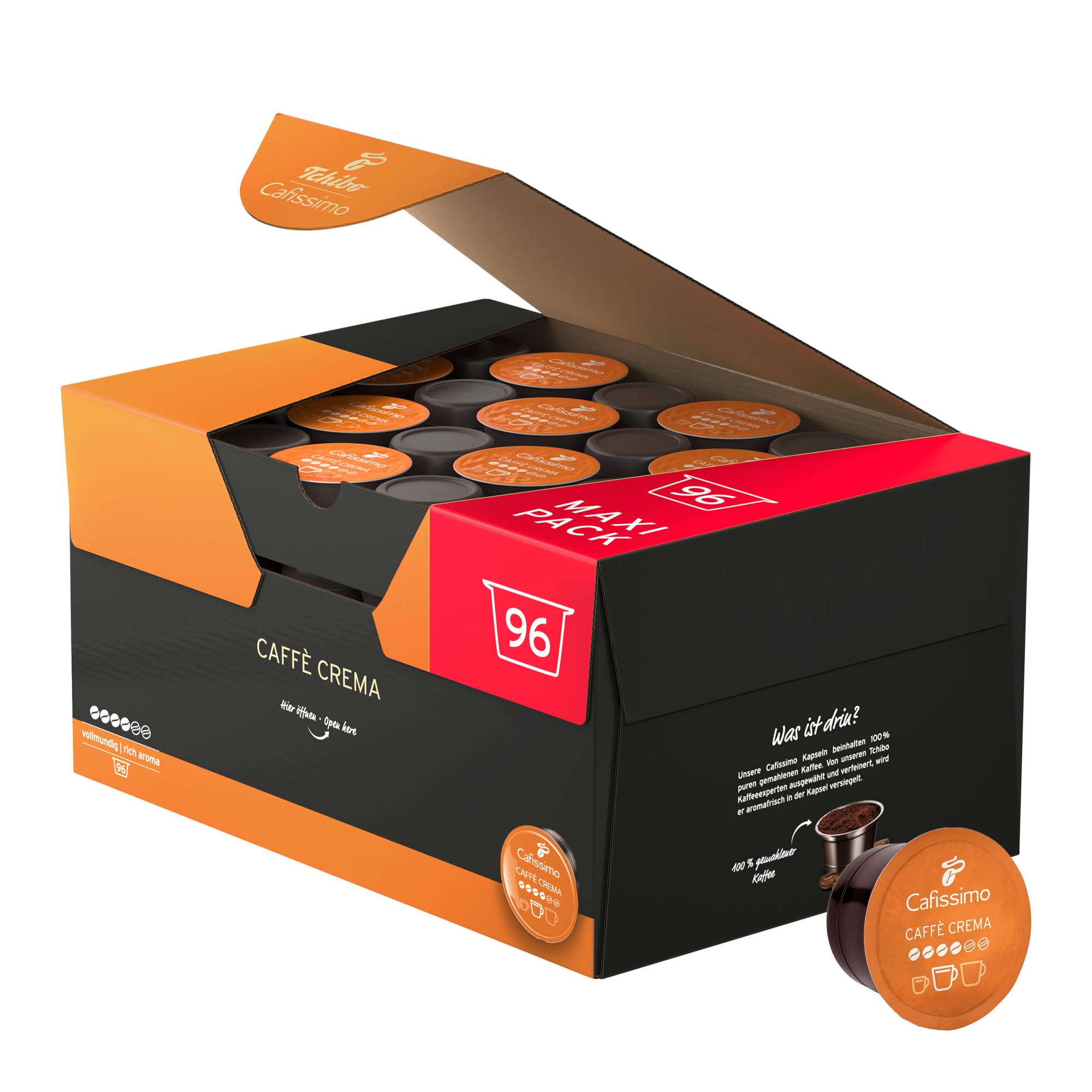 Tchibo Cafissimo Vorratsbox Caffè Crema vollmundig Kaffeekapseln, 96 Stück (Kaffee, ausgewogen und vollmundig), nachhaltig & fair gehandelt