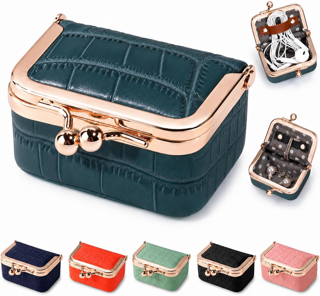 Zivyes Mini Jewelry Box Travel Small Coin Purse Organizer Case Genuine Leather Tiny Size (Deep Teal Crocodile Pattern)