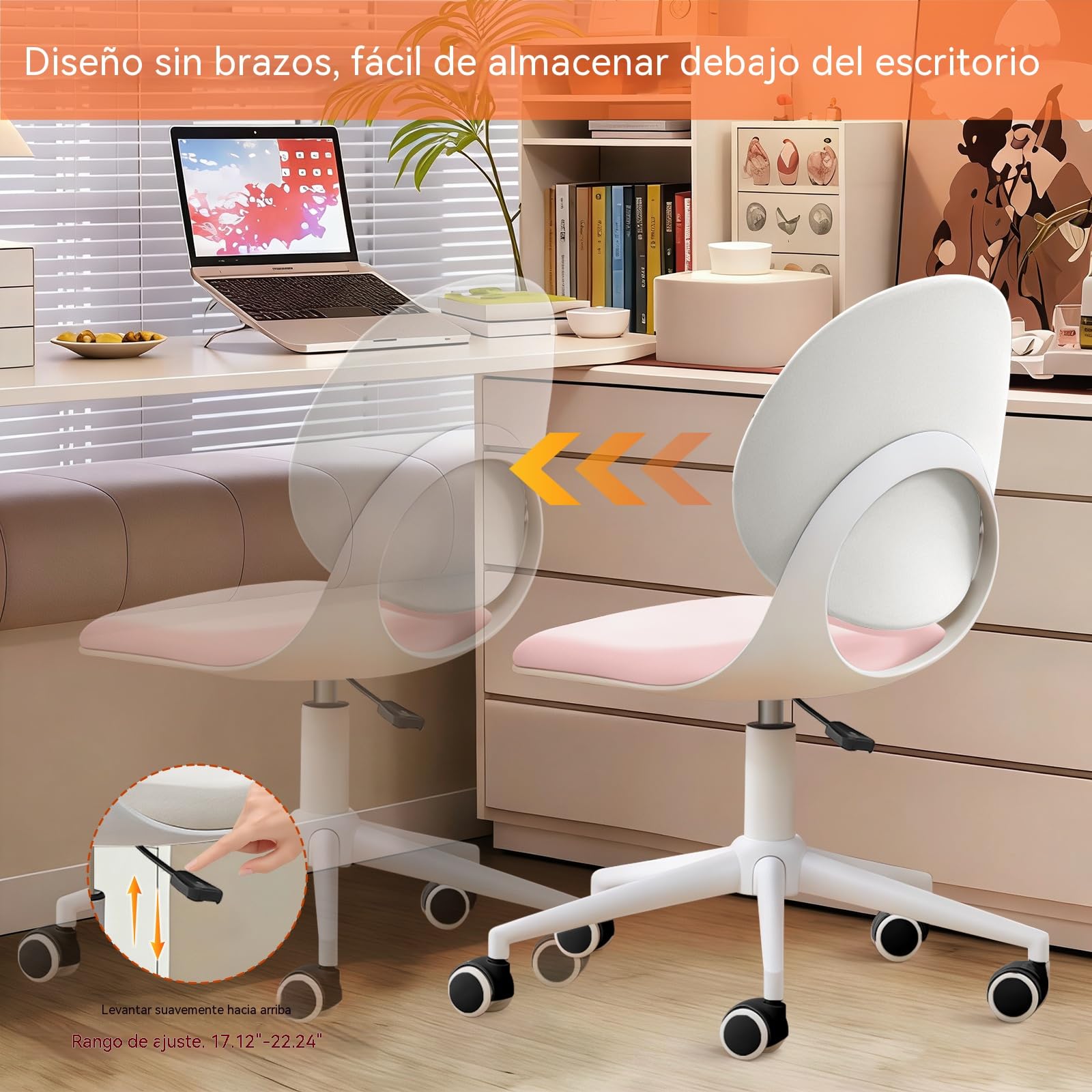 Silla De Oficina Moderna para El Hogar,Sin Brazos De Cuero PU con Respaldo Medio,Ergonómica Giratoria Y Regulable En Altura,para Oficina,Dormitorio,Maquillaje Y Estudio(Rosa)