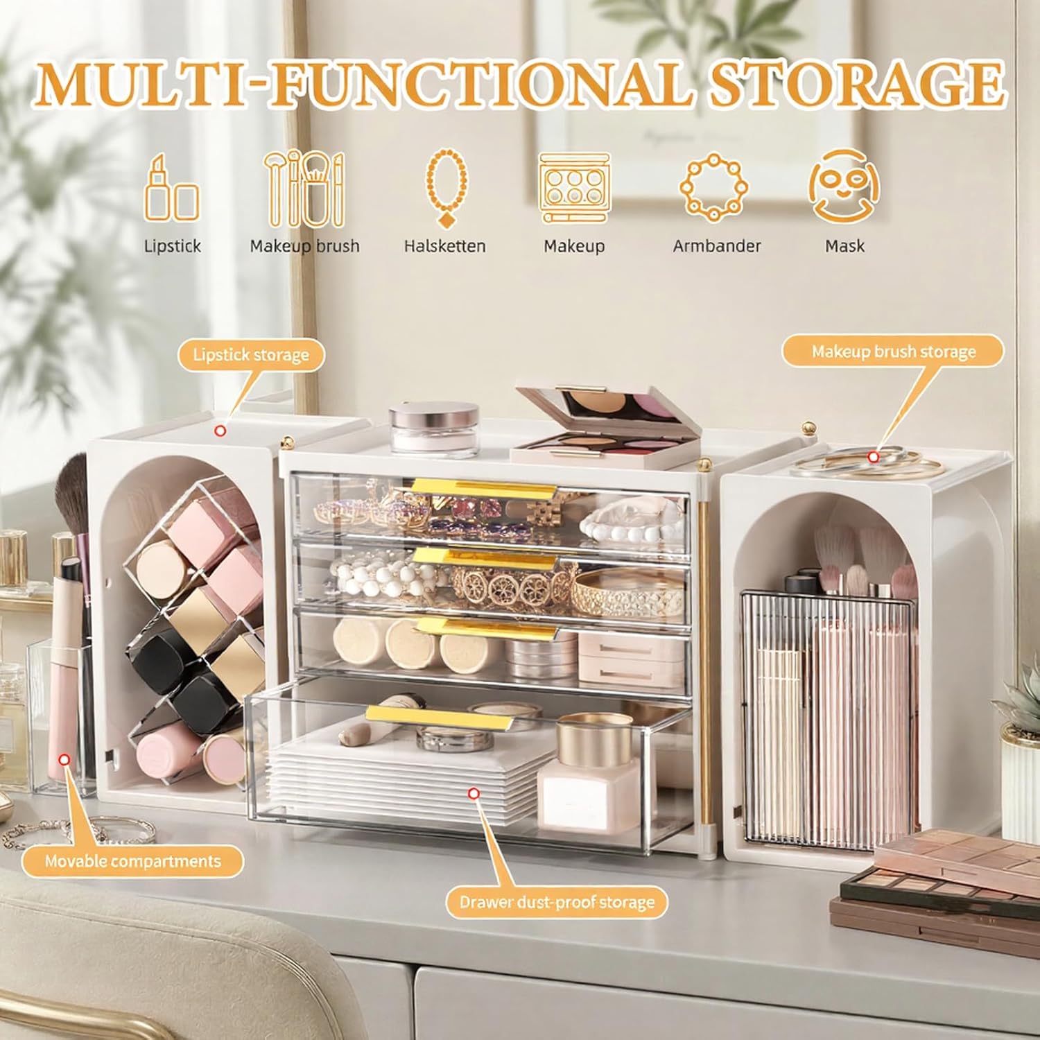4-Tier Drawer Makeup Organizer, 3-in-1 Free Combination Cosmetic Storage with Lipstick Holder & Brush Rack, Skincare Organizer with Mini Tray for Vanity Bathroom Bedroom Dorm
