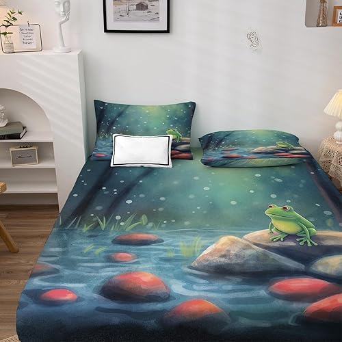 Miniatura 2 de Juego de sábanas de rana tamaño Queen, sábanas de cama con patrón de vida silvestre, sábanas y fundas de almohada de 4 piezas, sábana bajera