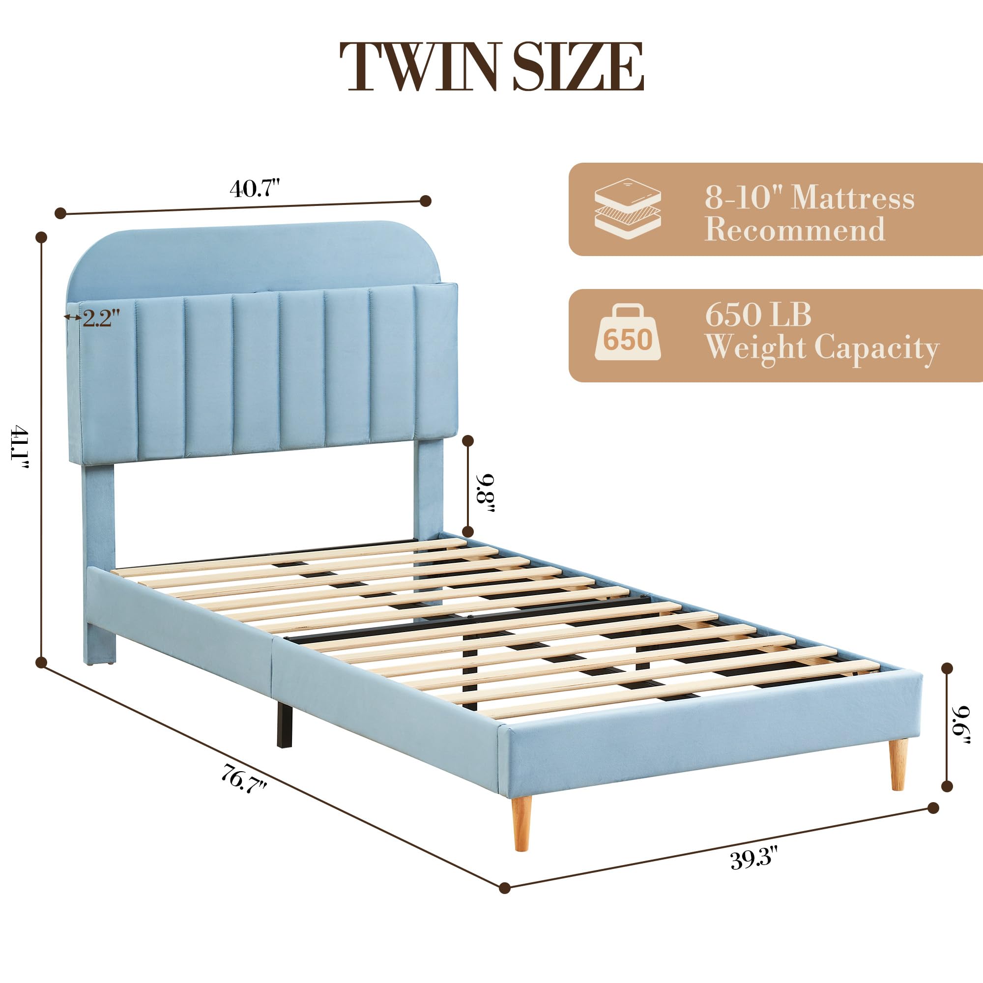 Lit enfant 1 personne 90x190cm,Sommier en bois avec rangement,Lit Simple enfant avec plusieurs pieds,Tête rembourrée,Lit banquette 1 place montessori pour chambre enfant,Garçon/Fille(Bleu)