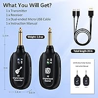 Vista 8 de Sistema de guitarra inalámbrico A8 UHF, 2 modos, batería recargable de litio, rango de 100 pies, Plug & Play para guitarra, bajo, violín, teclado