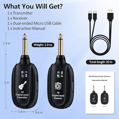 Miniatura 8 de Sistema de guitarra inalámbrico A8 UHF, 2 modos, batería recargable de litio, rango de 100 pies, Plug & Play para guitarra, bajo, violín, teclado,