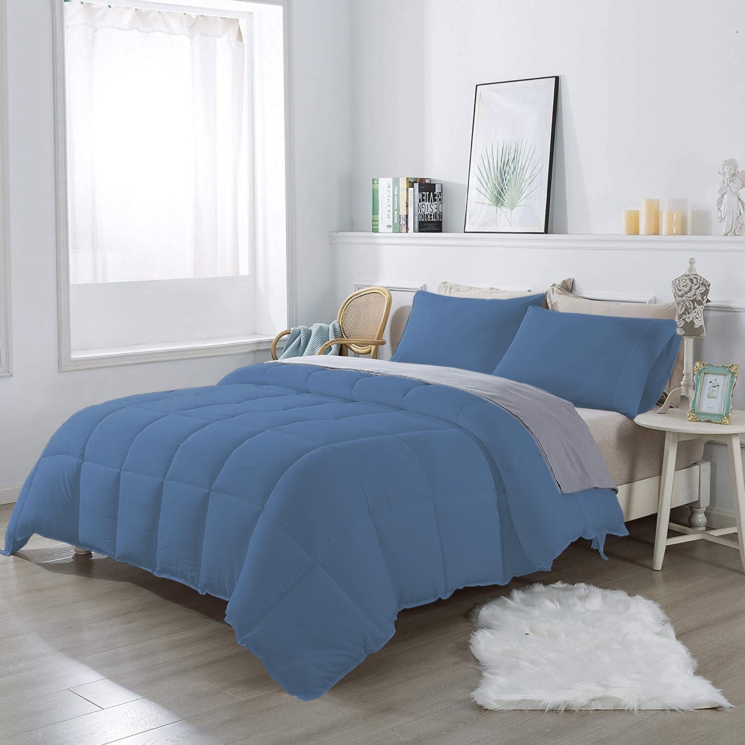 1Pcs Comforter 100% Egyptian Cotton 800 Thread Count - Oversized Queen Size (98" x 98") Inch,Soft and Breathable Comforter - Medium Blue Solid