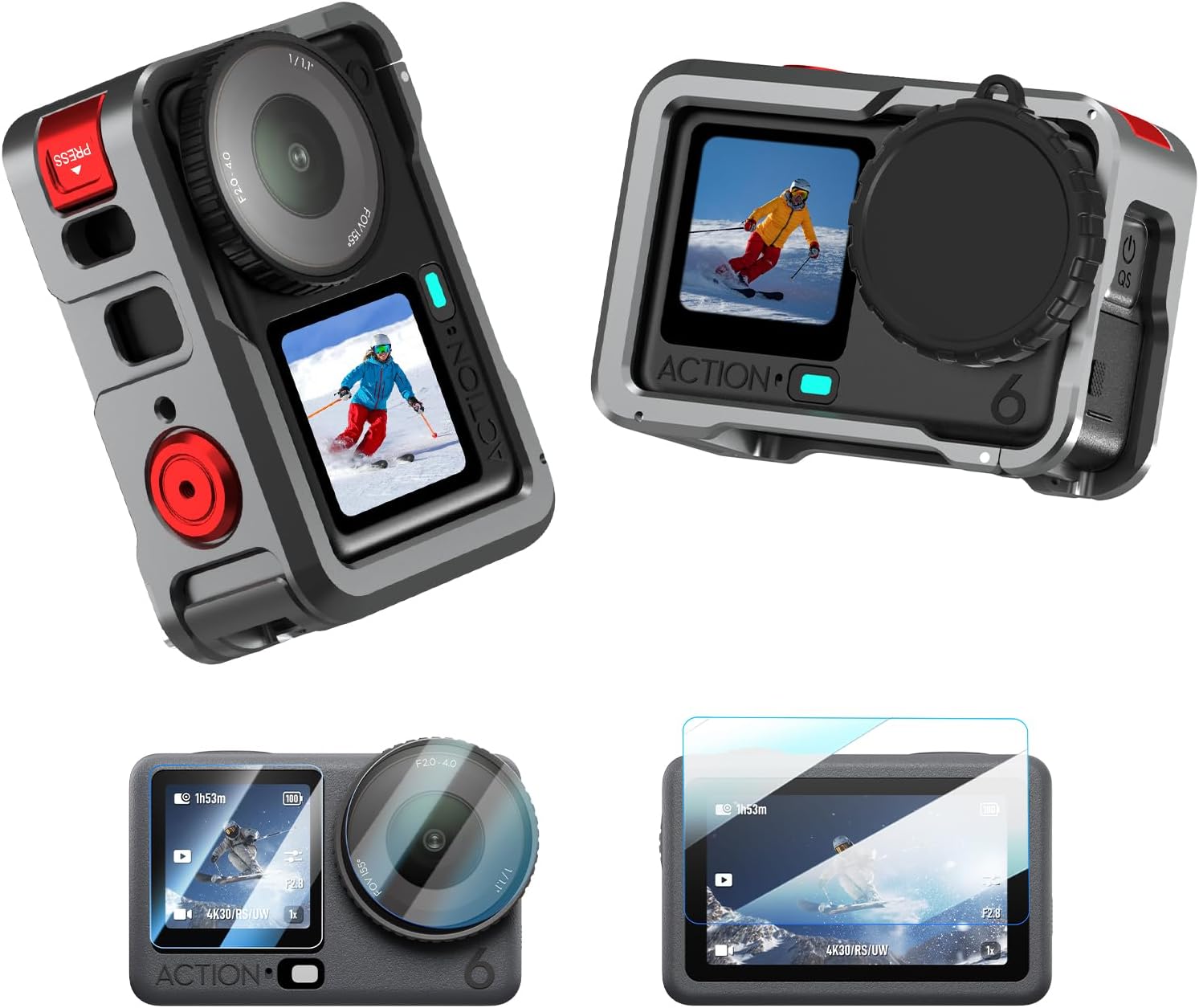 BRDRC Action 6 Camera Cage + Screen Protector Accessories Kit, Aluminum Alloy Protective Frame Cage with Silicone Lens Cap Tempered Glass Lens Film for DJI Osmo Action 6 Protective Bundle