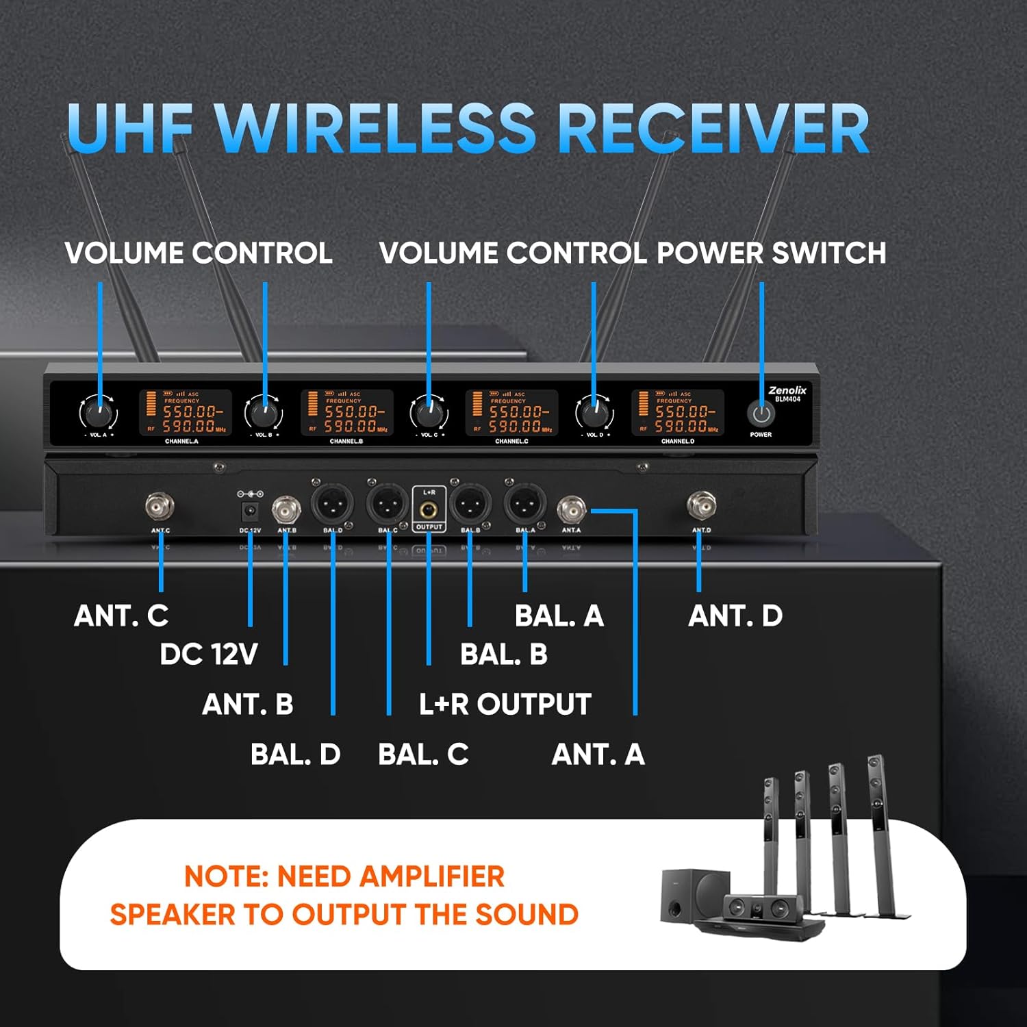 Wireless Microphone System, 4 Channels UHF Metal Cordless Handheld Wireless Mics Set - Adjustable Frequencies, Auto Scan, 165ft Range for Karaoke Singing Meeting Church Wedding (BLM404)