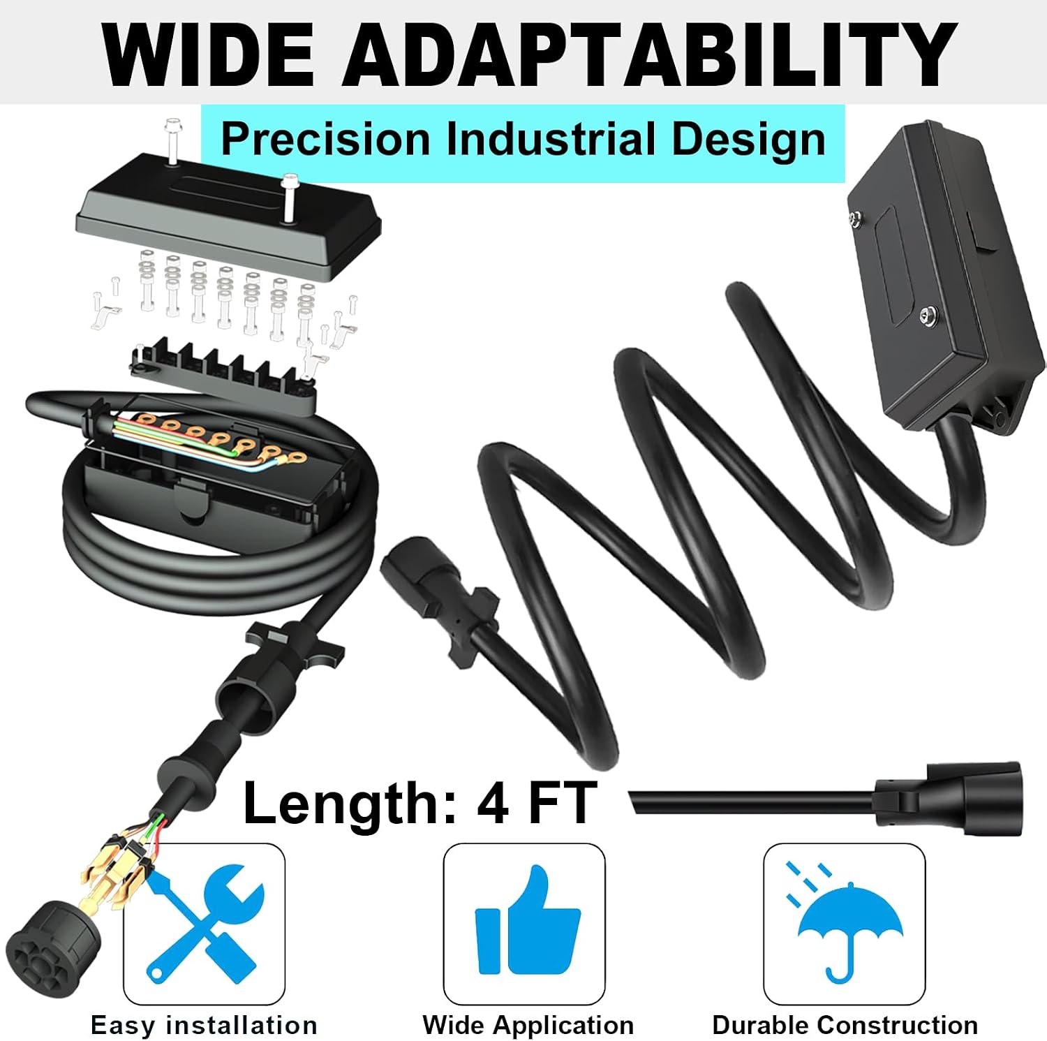 7 Pin Trailer Wiring Harness Kit 4 Feet, 7 Gang Waterproof Junction Box with Heavy Duty 7 Way Trailer Cord Pigtail, Double Prongs Connector Inline Cable for RV Standard (4ft)