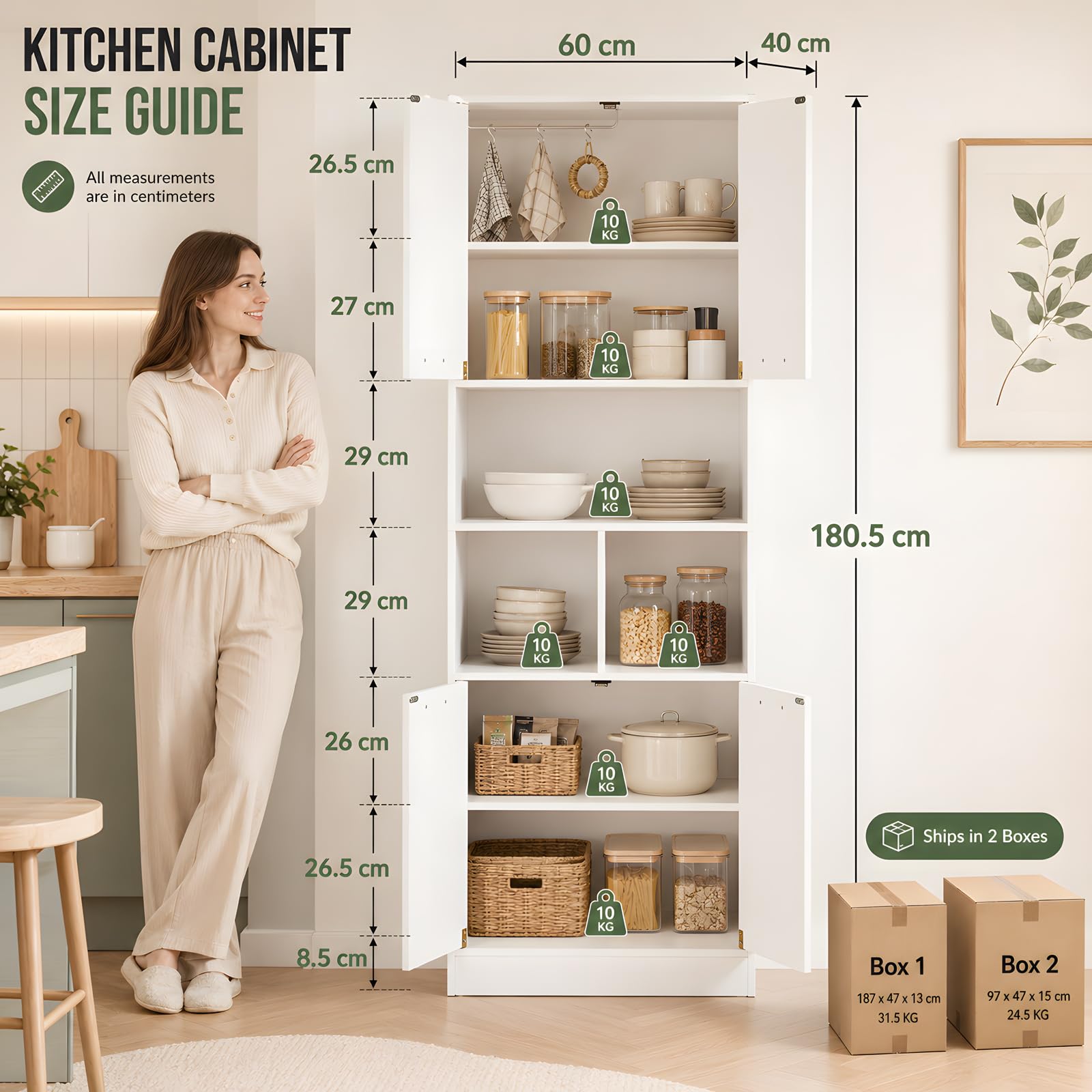 Vorratsschrank Küche Weiß&Hochschrank 180cm, Mehrzweckschrank 60cm breit mit offenem Fach als Mikrowellen Schrank, Küchenschrank 40cm tief aus Holz, Haushaltsschrank Büroschrank für Ordner