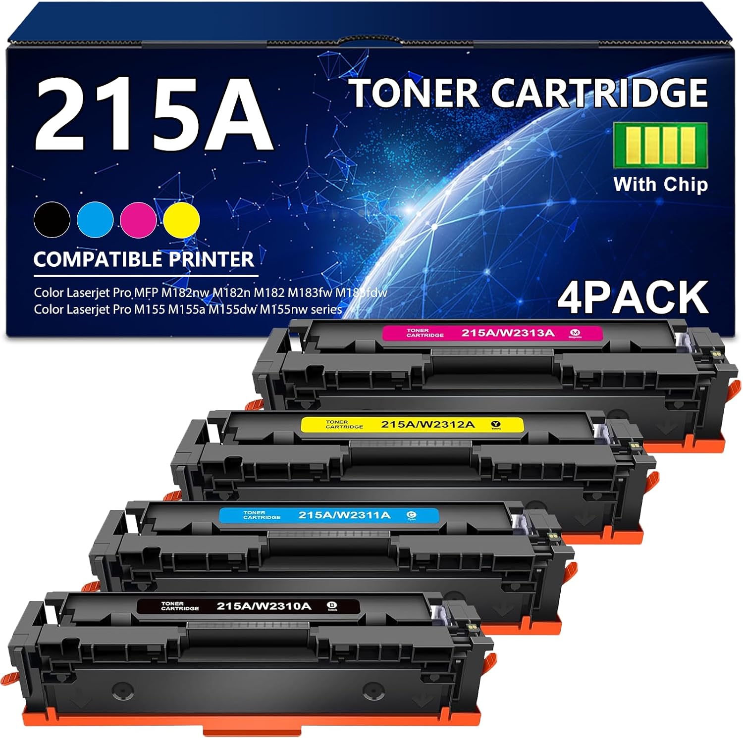 215A Toner Cartridges (with chip) Replacement for HP 215A W2310A W2311A W2312A W2313A, Works with Color Pro MFP M182nw M183fw M183fdw M155dw M155nw Printers (4 Pack)