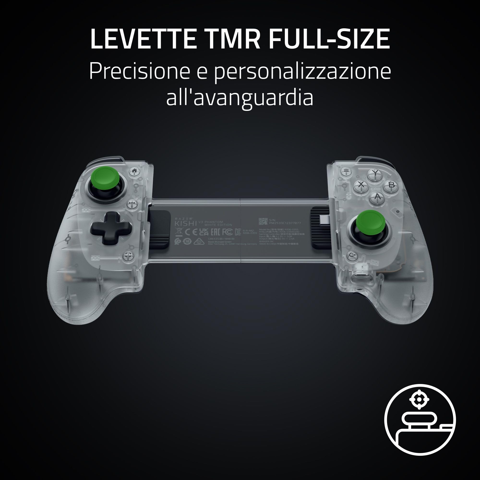 Razer Kishi V3 Phantom White - Controller Mobile Full-Size per Smartphone iPhone e Android - Plug-And-Play USB-C - Stick analogici Anti-Drift - 12 Pulsanti - Sensa HD Haptics | Phantom White Edition
