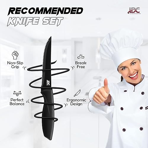 Miniatura 11 de LDC - Juego de cuchillos negros de cocina, acero inoxidable, aptos para lavavajillas, juego de cuchillos ergonómicos con asas antideslizantes