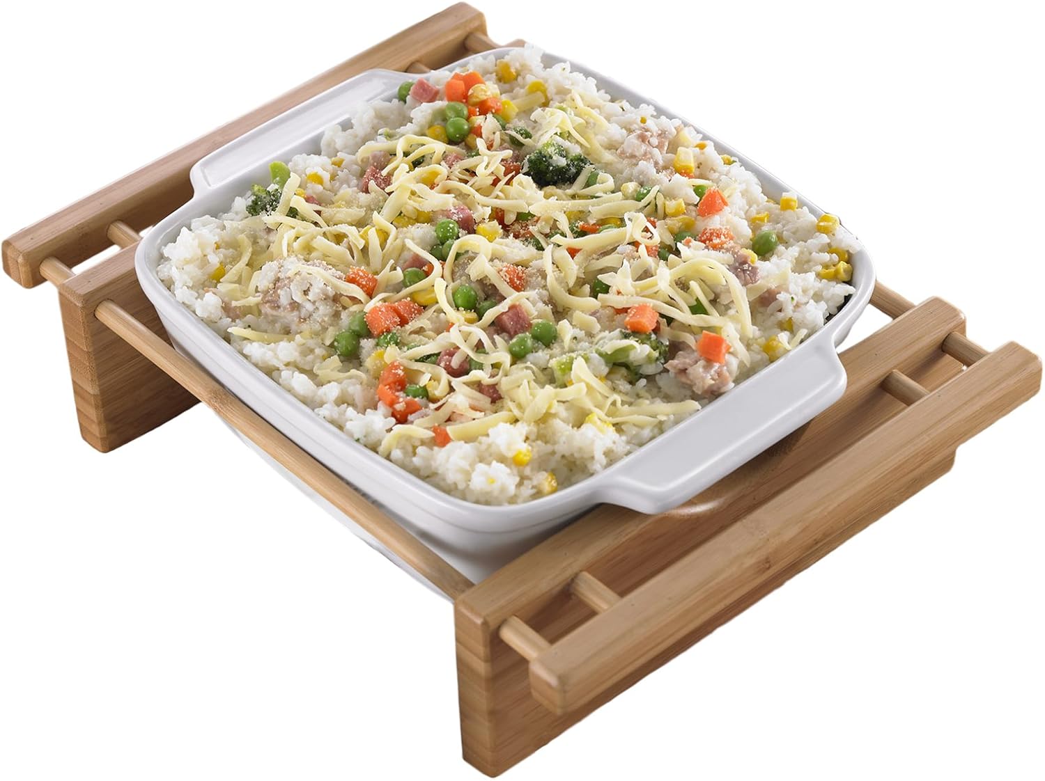 Creative Home Stoneware Baking Dish with Bamboo Serving Rack – Oven-to-Table Casserole Dish, Perfect for Baking, Serving, and Entertaining