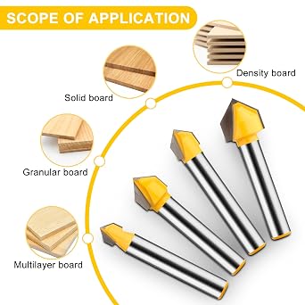 90 Degree V Groove Router Bit Set 1/4 Inch Shank, CNC Engraving V Grooving Bit Cutter for Woodworking Carving, Cutting Diameter: 1/4, 5/16, 3/8, 1/2