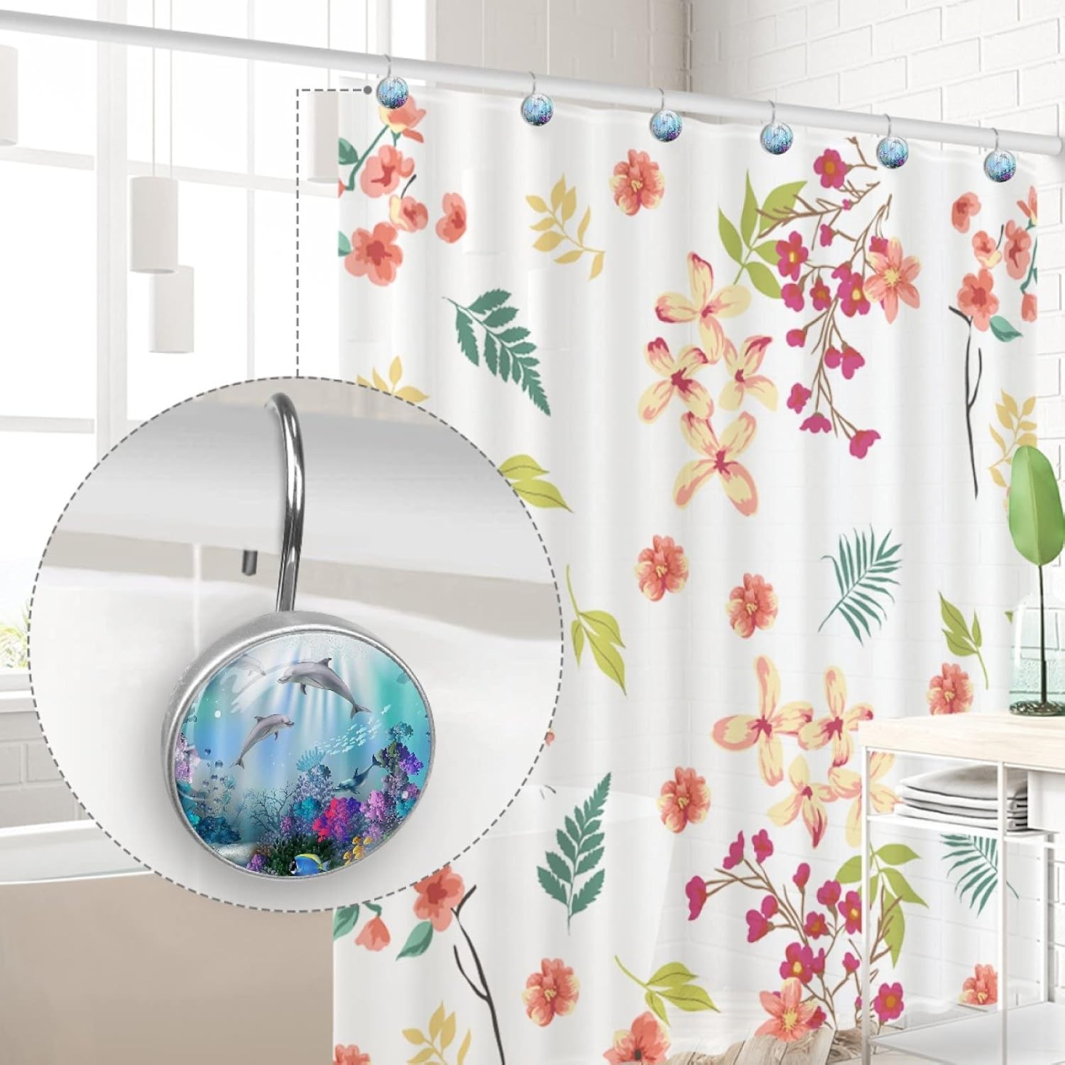 LORVIES Sea World Dolphin Shower Curtain Hooks Set of 12, Stainless Steel Shower Hooks Decorative Hanger Rings Rust Resistant for Bathroom Kids Room Fashion Home Decor