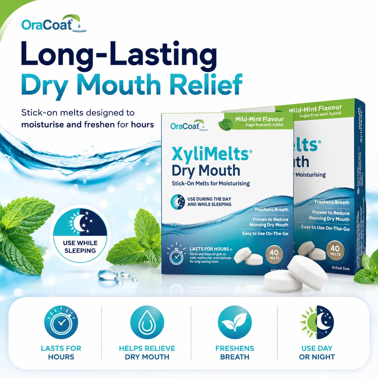 XYLIMELTS – 4 Pastilles adhérentes contre la Sécheresse Buccale et les Caries - Menthe Douce (version d'essai)