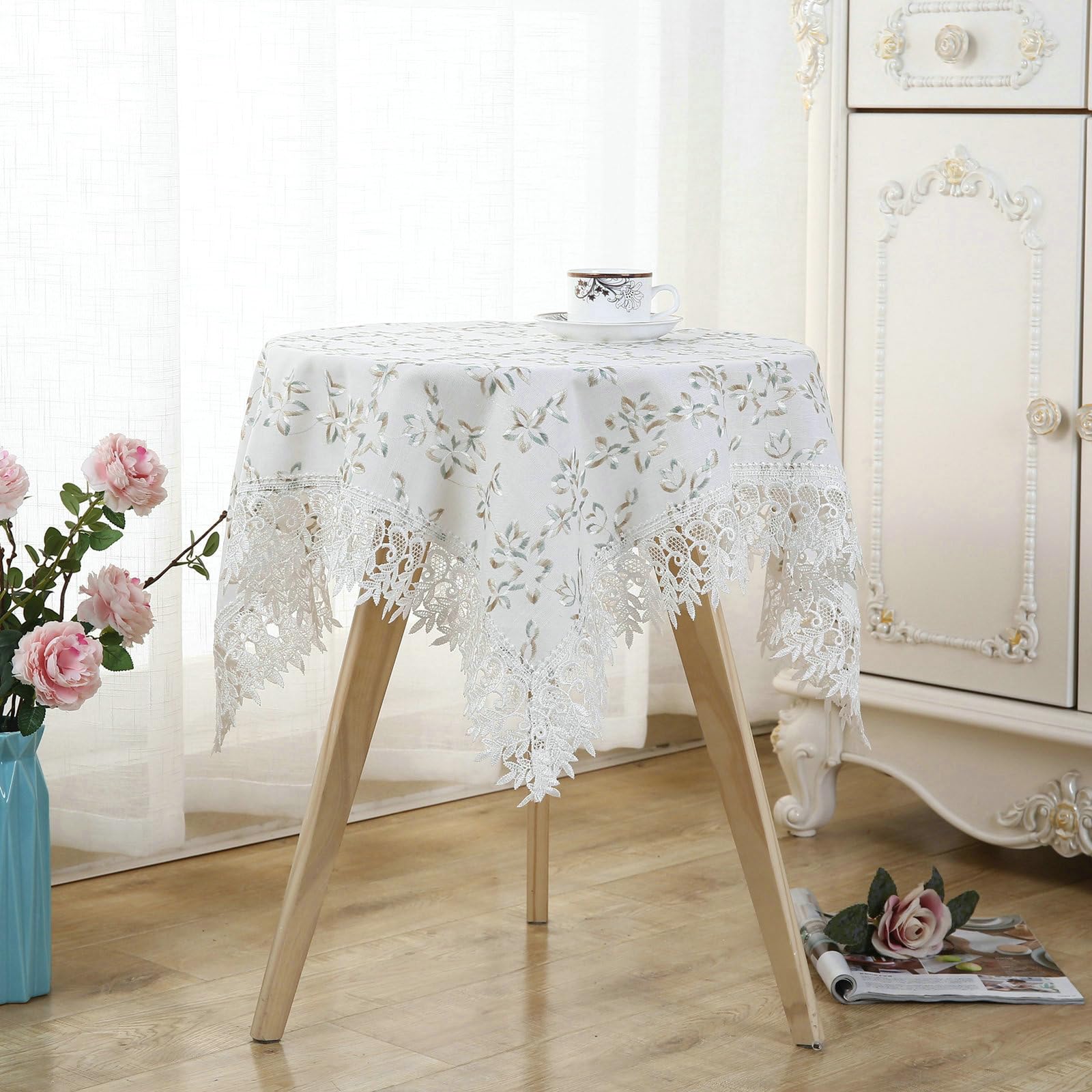 Tischdecke Abwaschbar 150x250 cm, Blume Stickerei Polyester Leinen