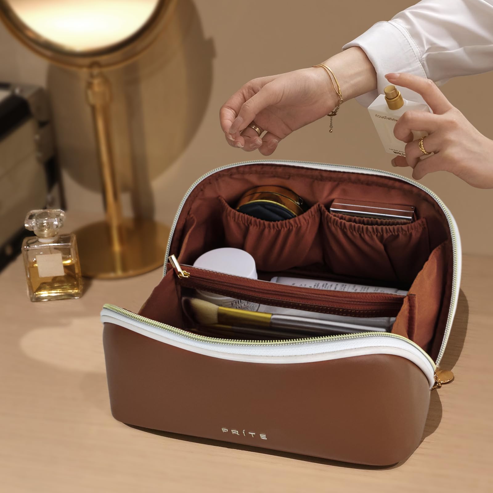 Prite Vegan Leather Makeup Bag Cosmetic Organizer with Clear Divider