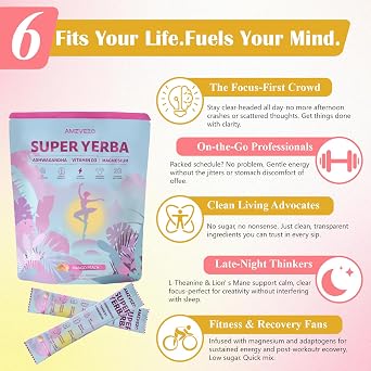 AMZVEZ0 Super Yerba Mate tea Instant Powder 20 Packets Peach Mango Drink for Flavor Servings Clean Energy & Focus Boost Brain Fog Buster Gut Support, Antioxidants