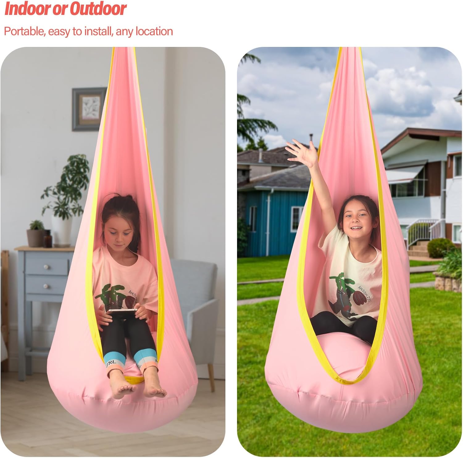 Kids Pod Swing Seat, Max 300 Lbs, Child Sensory Swing Chair Indoor & Outdoor Therapy Hammock Chair with Hanger Kit for Calming, Effect for Autism, ADHD or SPD. (Pink)