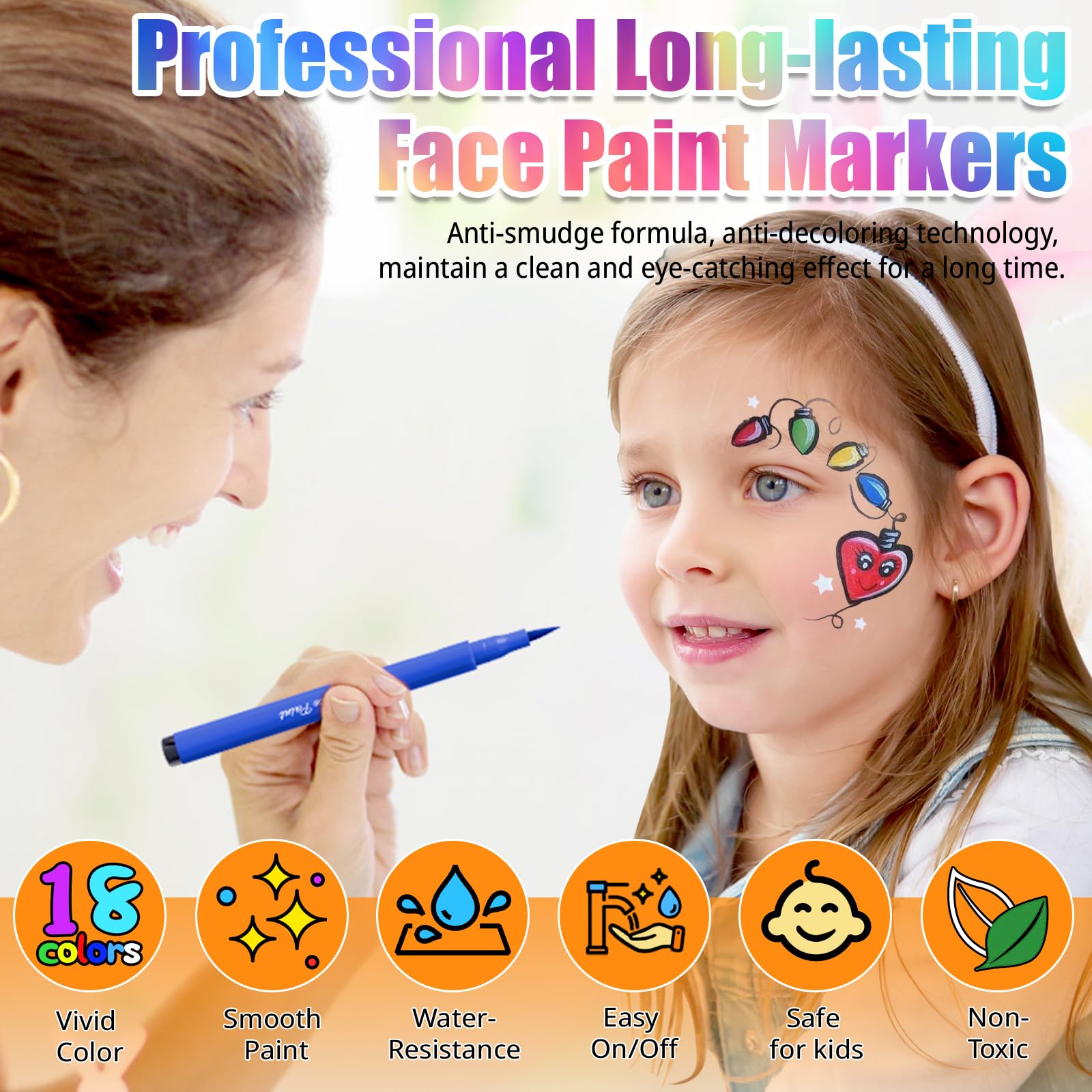 Drawdart 18 Colors Face Painting Markers - Water Resistant, Sweatproof, Waterproof Tattoo Pen for Halloween Body Paint - Anti-Smudge for Party, Kids, Adults