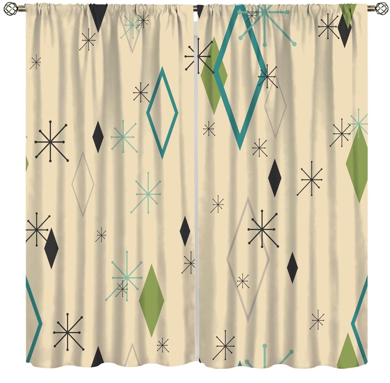 Focusbrite Mid Century Modern Curtains, Abstract Atomic Starburst Geometric Diamond Pattern Window Treatments for Bedroom Living Room Kitchen Set 2
