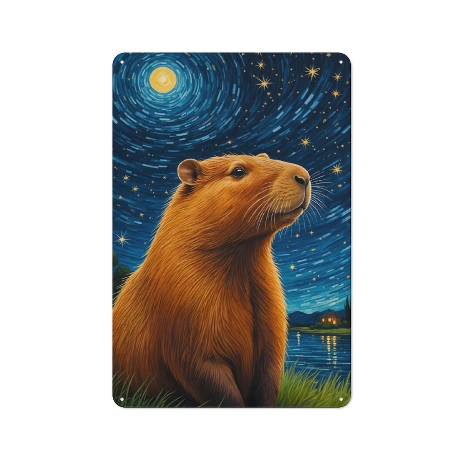 Junmoney Capybara Starry Night Nostalgic Decorative Tin Plaque 30X20cm Featuring Classic Pub Decor For Cafe, Pub, Workshop Or Home Bar