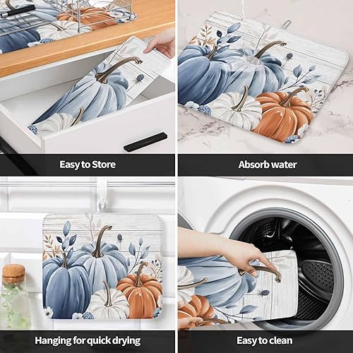 Miniatura 7 de Tapete de secado de platos de otoño de calabazas azules, naranjas y grises para encimera de cocina, almohadilla de secado de microfibra para Hola