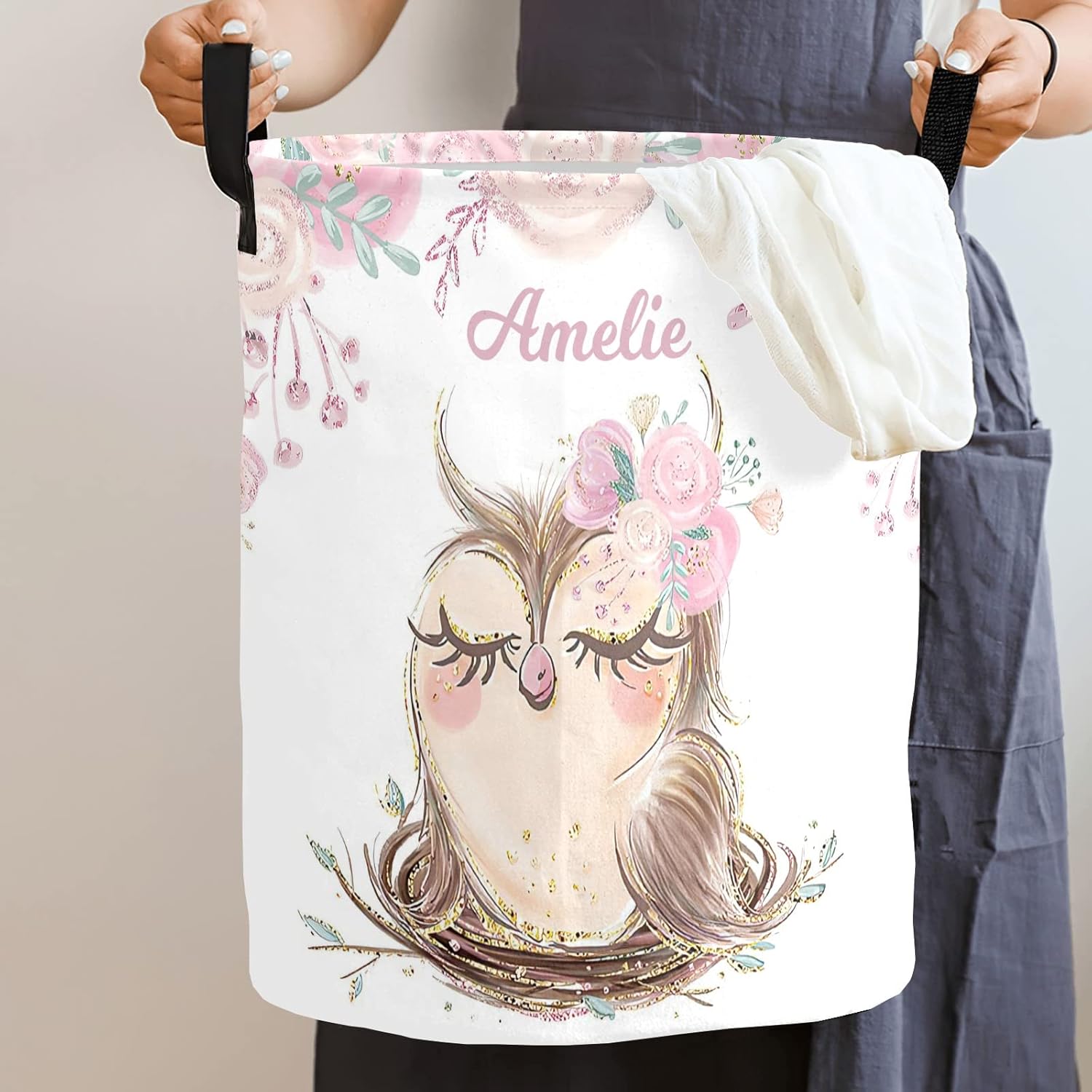 Pink Flower Girl Owl Storage Bin, Waterproof Oxford Fabric Clothes Basket Organizer for Laundry Hamper,Toy Bins,Gift Baskets, Bedroom, Clothes,Baby Nursery