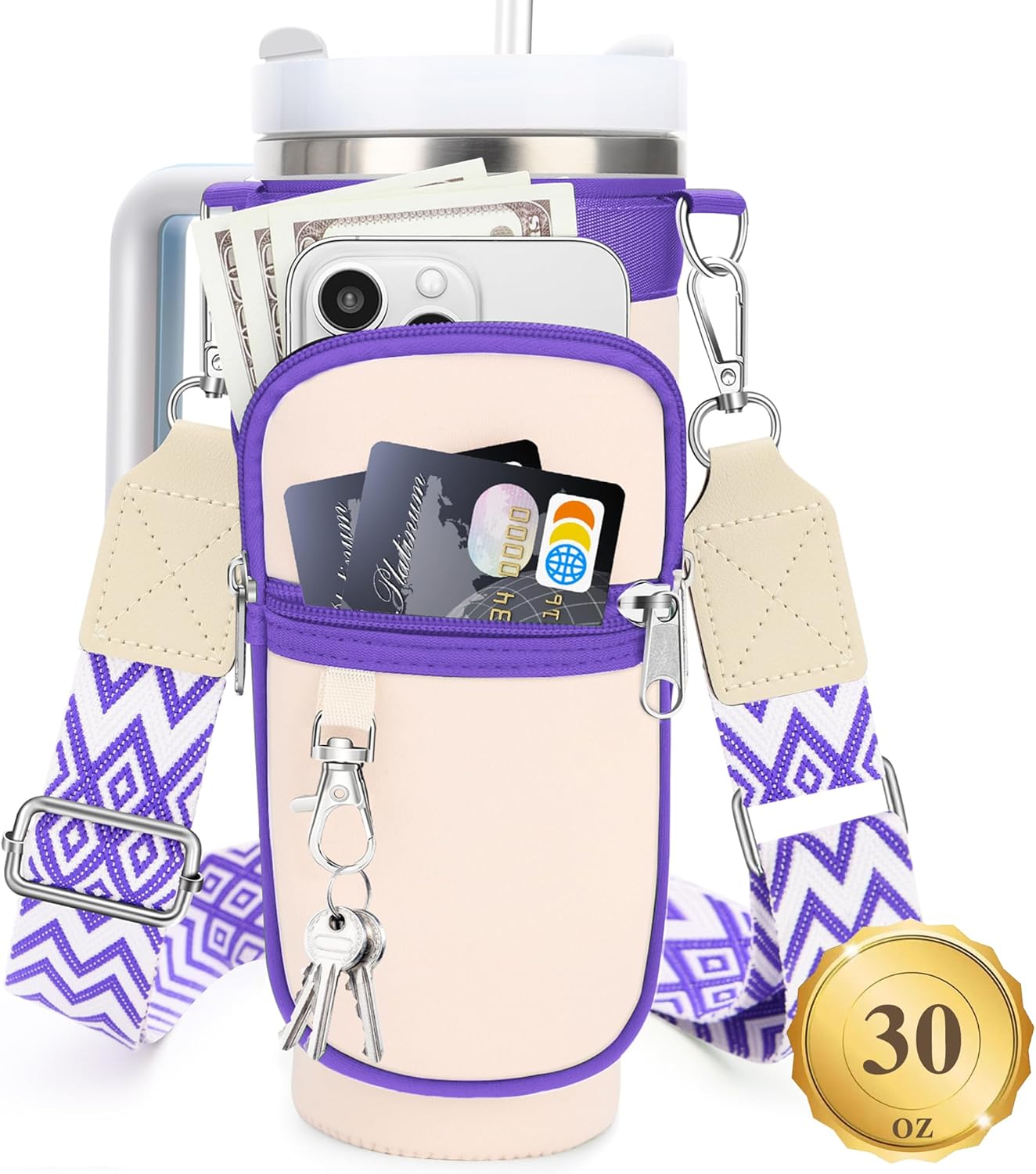 Water Bottle Carrier Bag with Strap for Stanley 40/30 oz Tumbler with Handle, Water Bottle Holder Pouch with Phone Pocket for Stanley Cup Accessories, fit Walking Hiking Travel (30oz Cream&Purple) Thumbnail