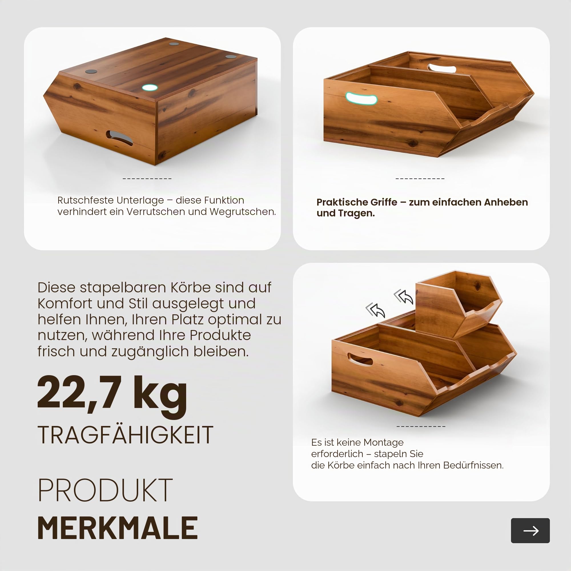 HOLANA Aufbewahrungskörbe für Zwiebeln und Kartoffeln – Akazienholz Speisekammerkörbe Organisation und Aufbewahrung – Stapelbare Holzkörbe für Brot, Obst, Gemüse – Zwiebelkorb für Küchentheke (f
