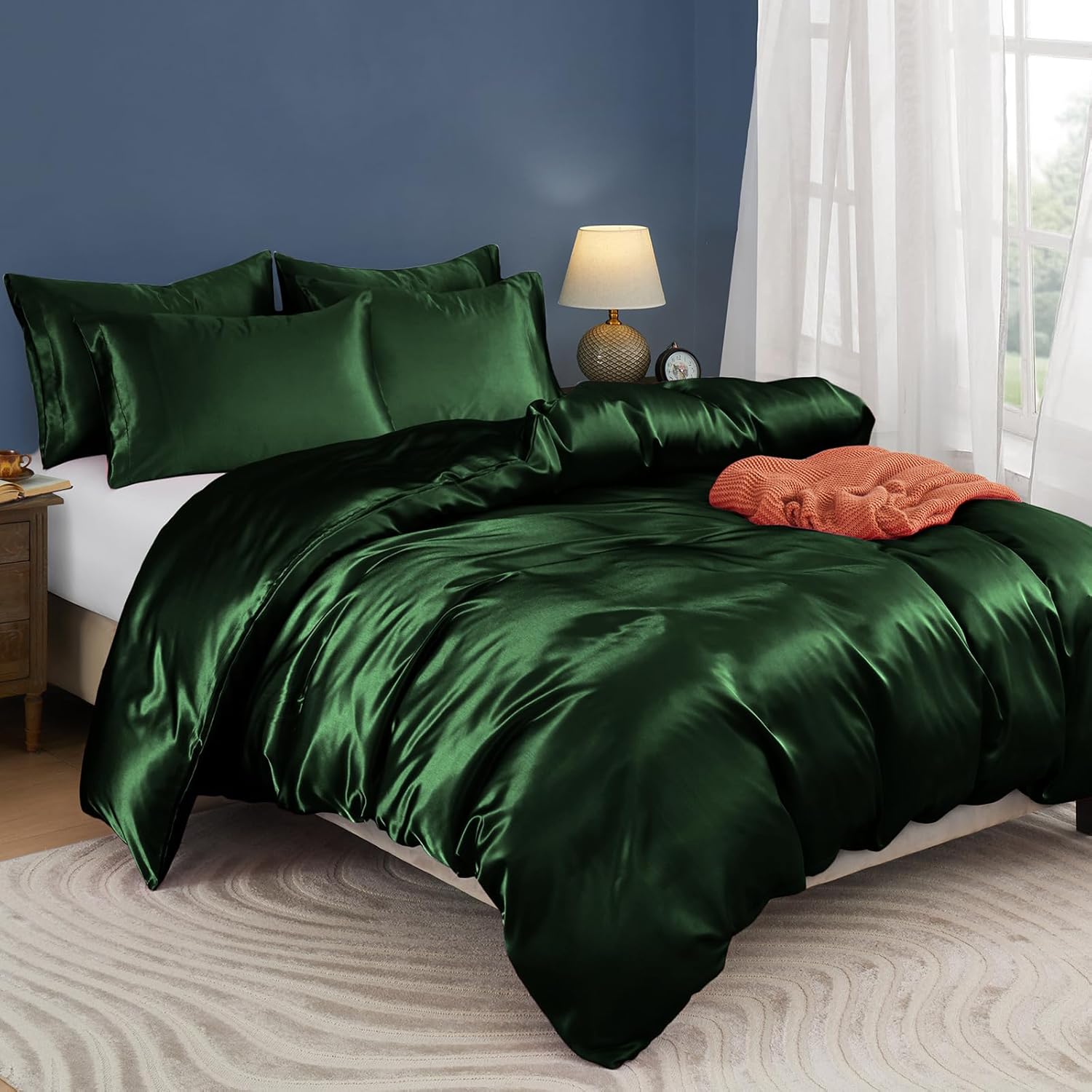 Horbaunal 5 Pieces Satin Duvet Cover Set King Size Emerald Green Duvet Cover with Corner Ties & Zipper Closure, Luxury & Silky Bedding Set, 1 Duvet Cover and 4 Pillowcases (No Comforter)