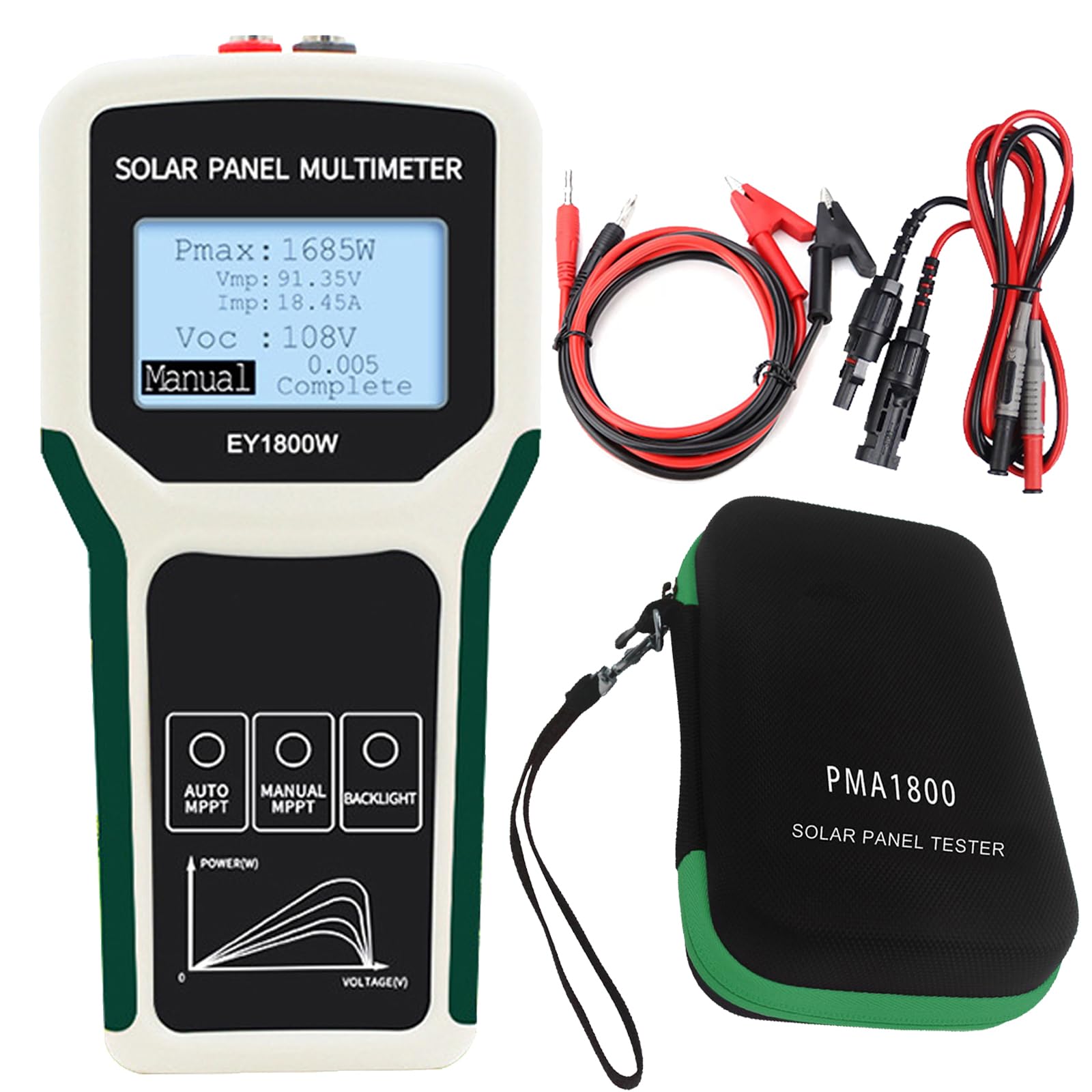Probador De Paneles Solares, 1800W Multímetro Fotovoltaico Medidor Solar Mppt Con Pantalla Lcd Ultra Clara Gran Tamaño Detección Automática/Manual Mide Voltaje Circuito Abierto Punto Máxima Potencia