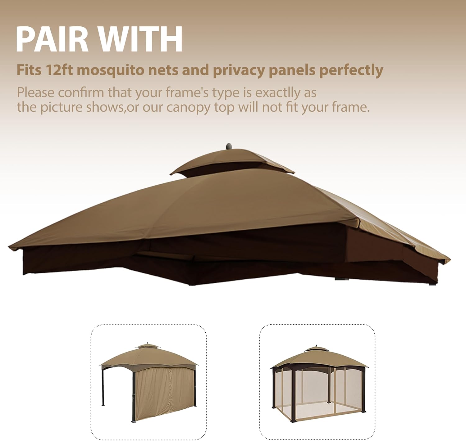EasyLee 10x12 Replacement Gazebo Canopy Top for Lowe's Allen Roth #GF-12S004B-1, Heavy Duty Gazebo Roof Cover with Mesh, Only Replacement Top,Khaki