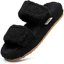 Womens Open Toe Adjustable Memory Foam Slip On Fuzzy Slipper,Orthotic Slippers with Arch Support,Indoor House Shoes Comfy Gift
